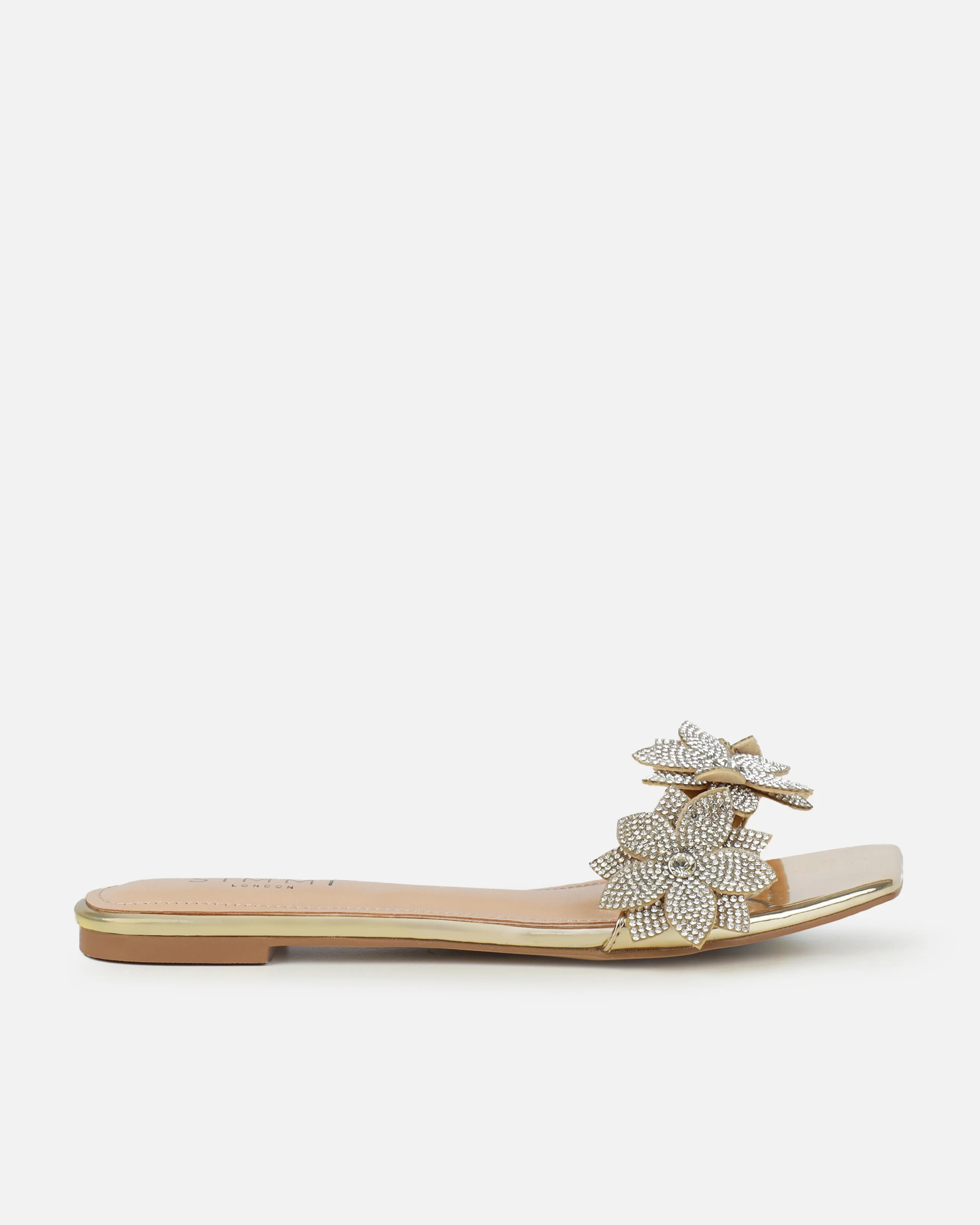 Abbie Gold Mirror Flower Diamante Flat Sandals - Image 2
