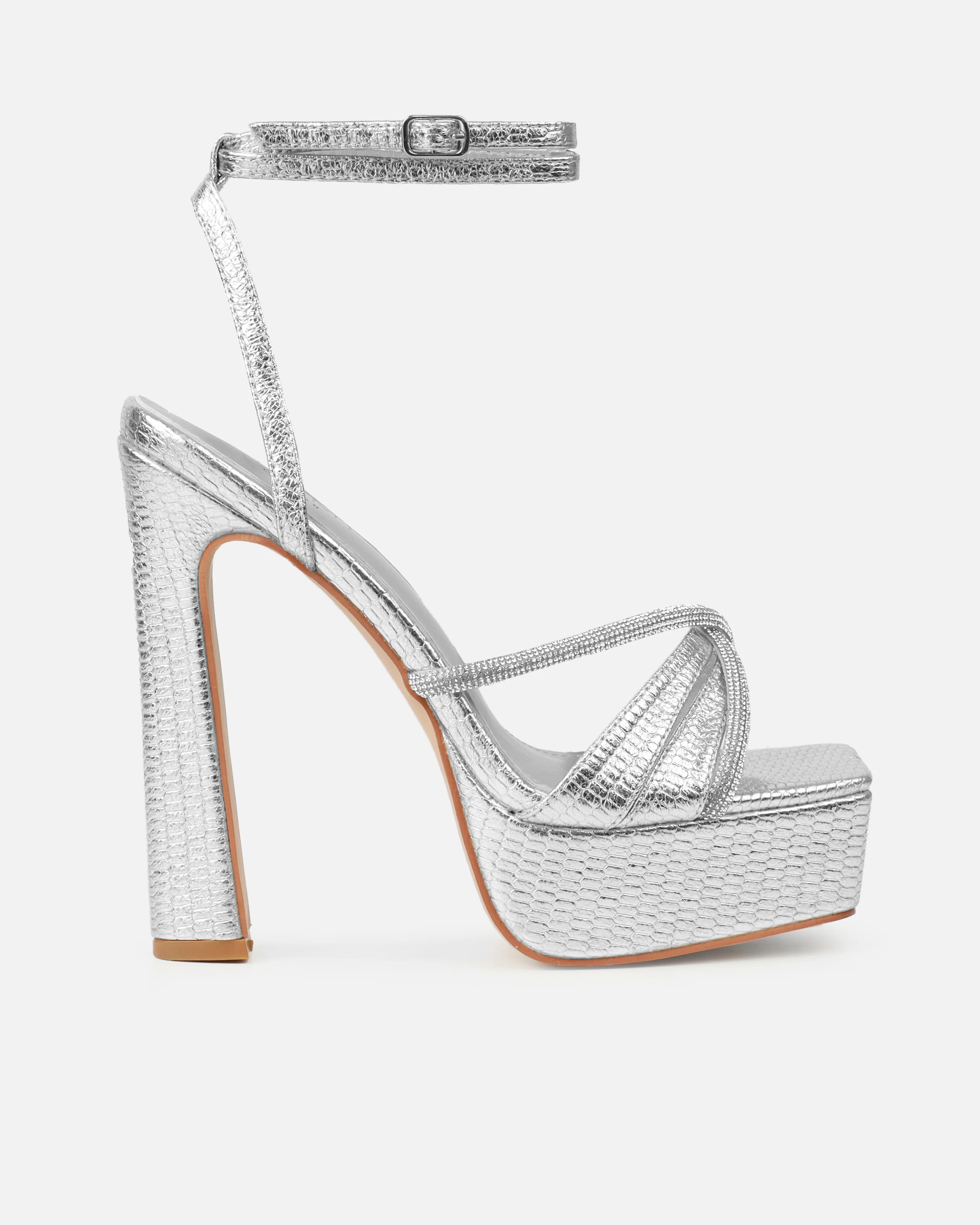 Adelaide Silver Faux Snake Diamante Platform Heels - Image 2