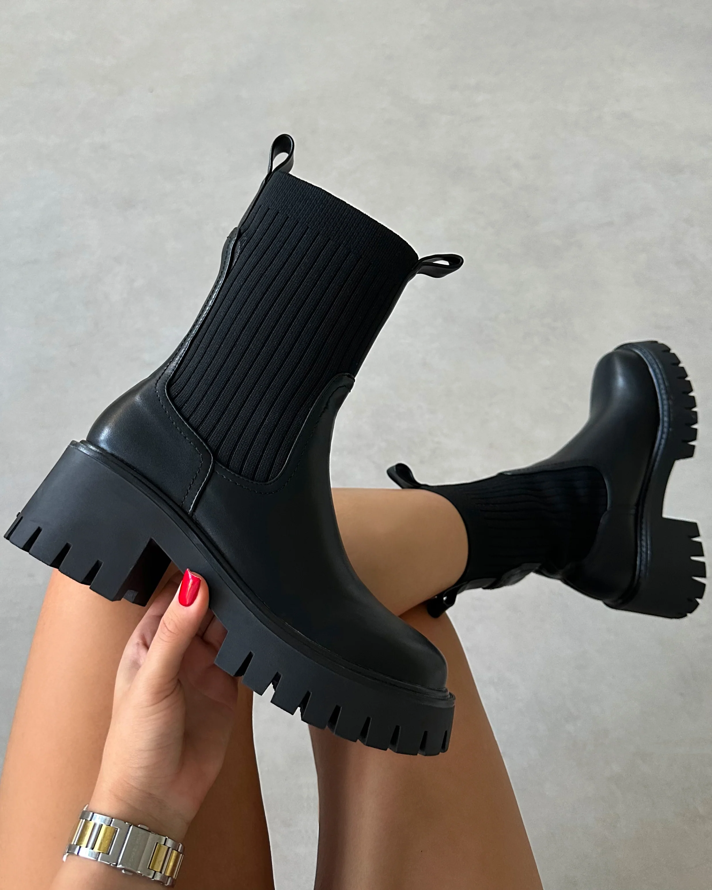 Albie Black Chunky Knitted Ankle Boots