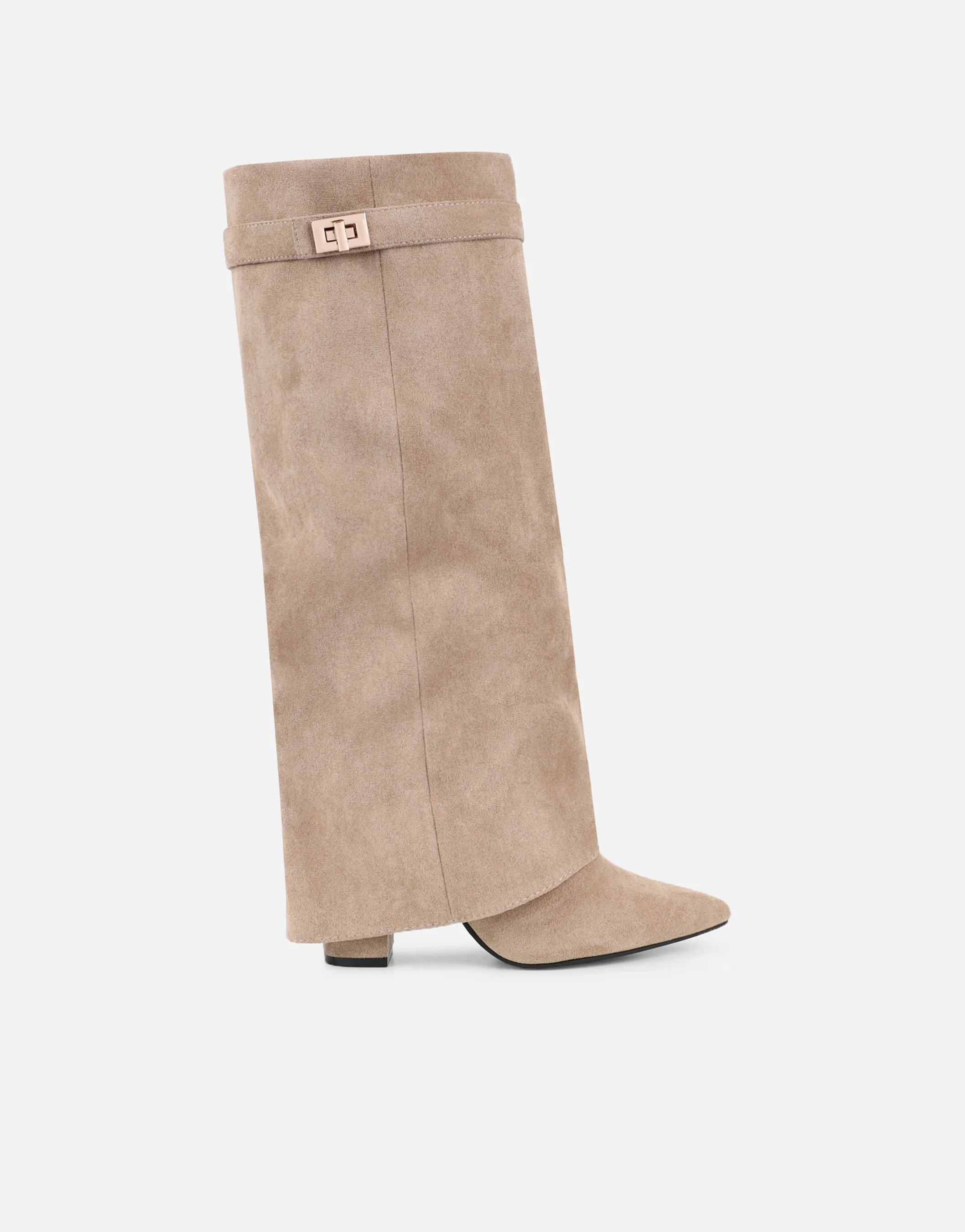 Anais Taupe Microfibre Foldover Buckle Detail Heeled Boots - Image 2