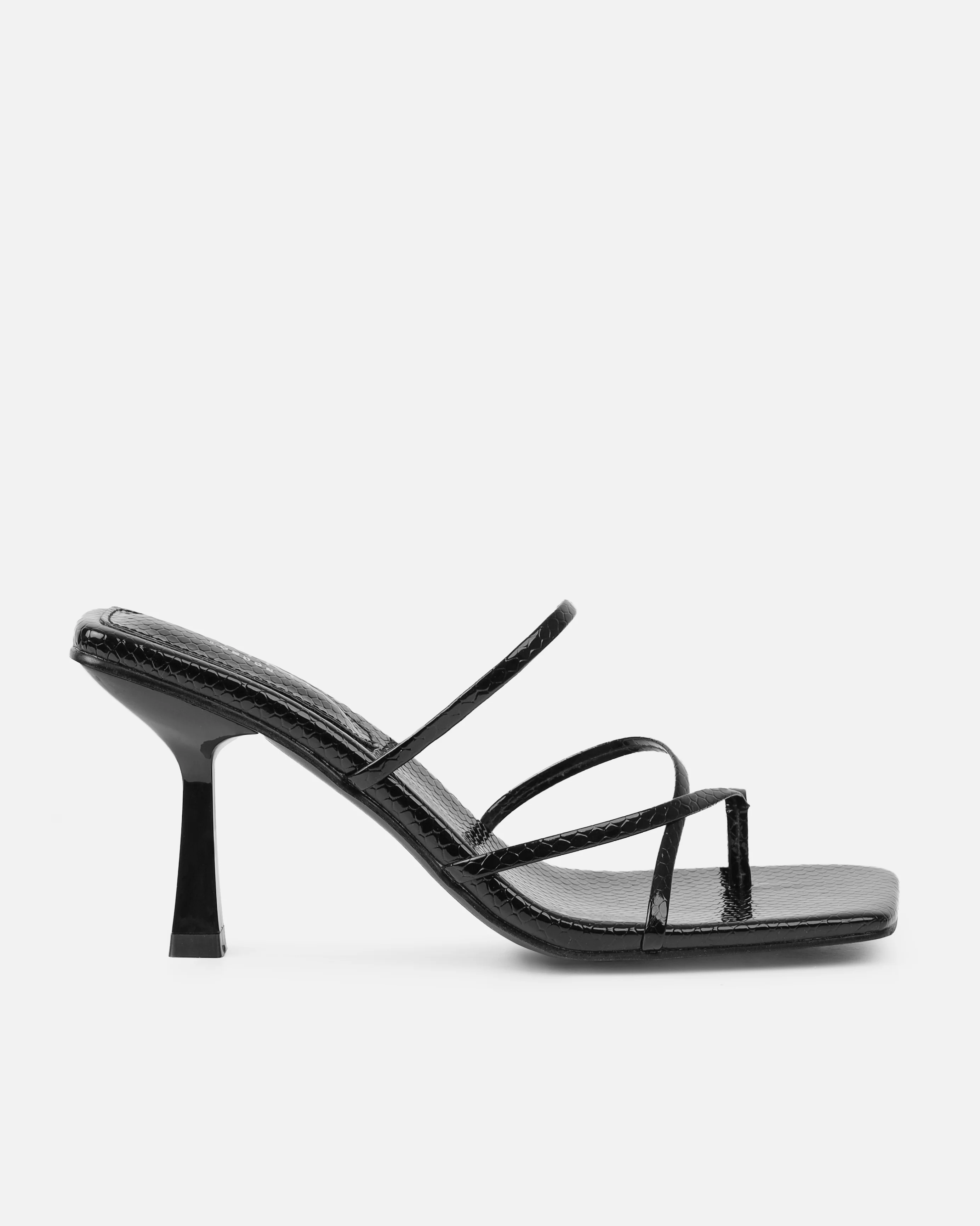 Apollo Black Patent Faux Snake Strappy Mid Heel Mules - Image 2