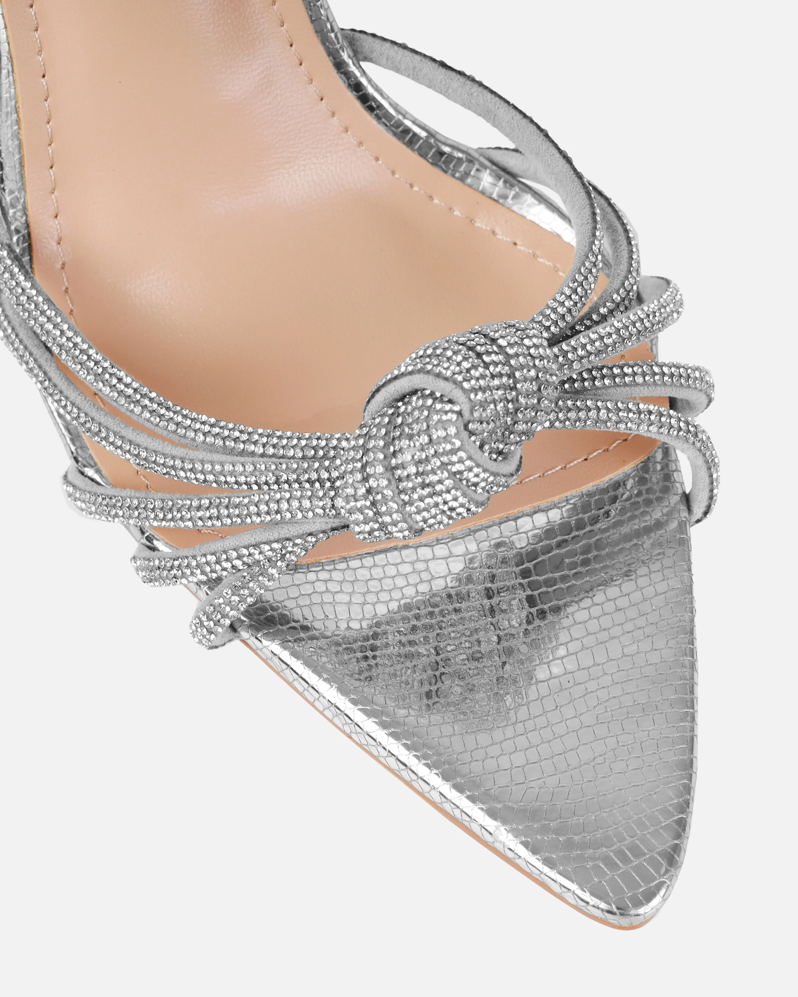 Aubree Silver Faux Snake Print Diamante Knot Mules - Image 4