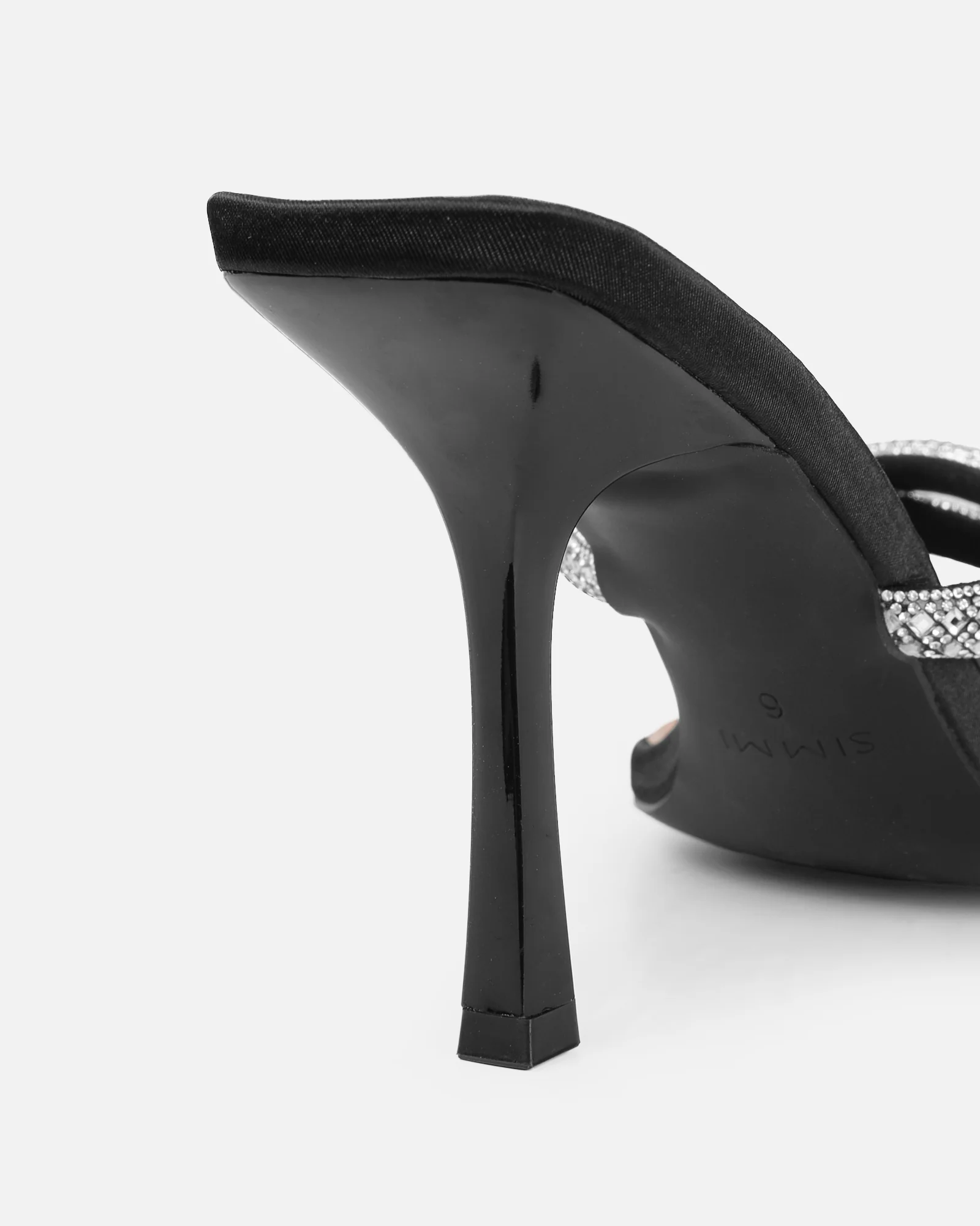 Aubriella Black Satin Diamante Mule Heeled Sandals - Image 3
