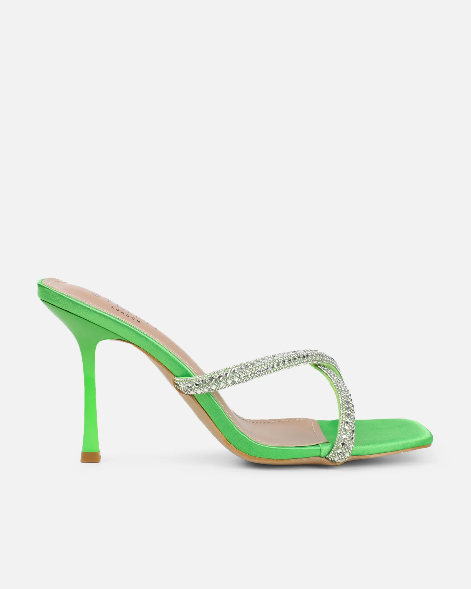 Aubriella Green Satin Diamante Mule Heeled Sandals - Image 2