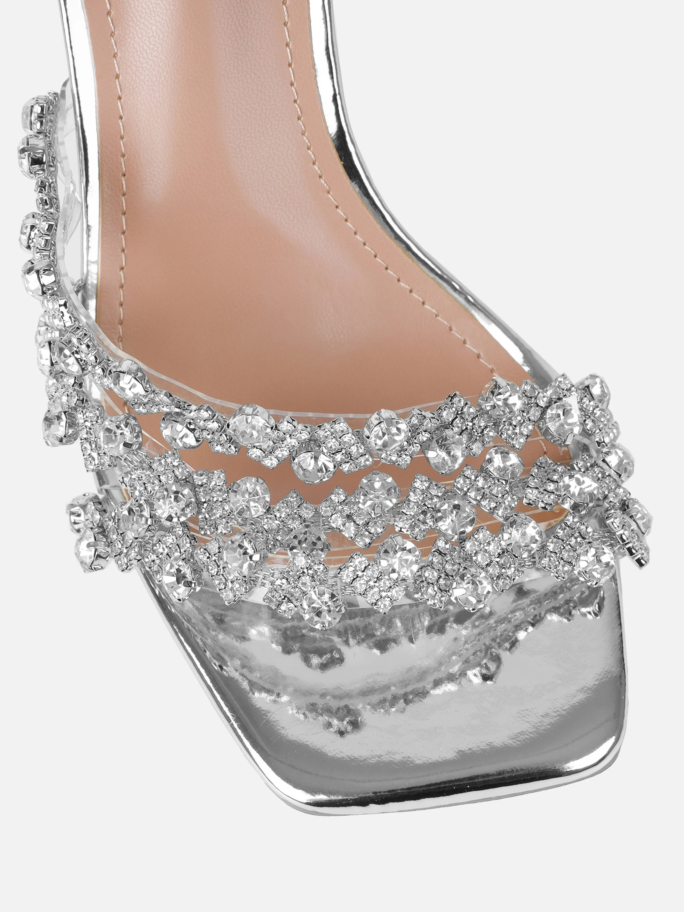 Blushing Silver Mirror Diamante Wide Fit Mid Heel Mules - Image 4