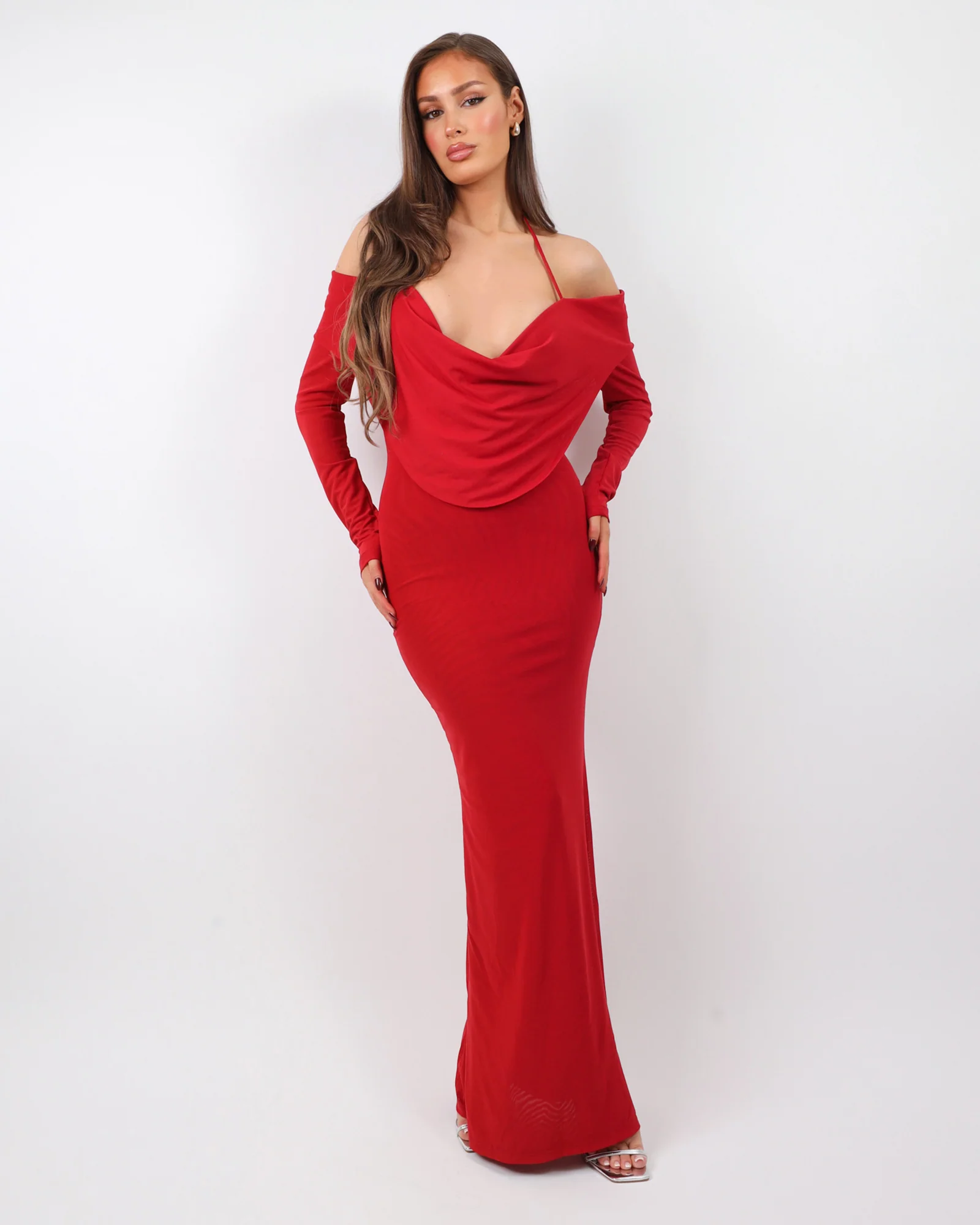 Bordeaux Red Extreme Cowl Maxi Dress - Image 3