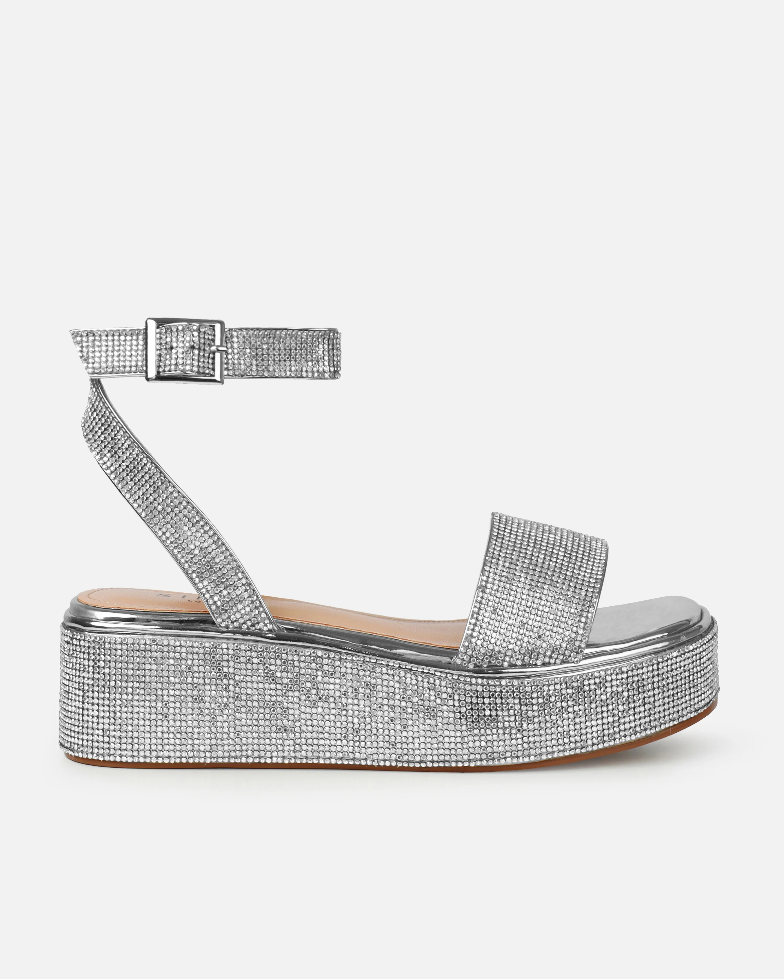 Brittany Silver Mirror Diamante Flatform Sandals - Image 2