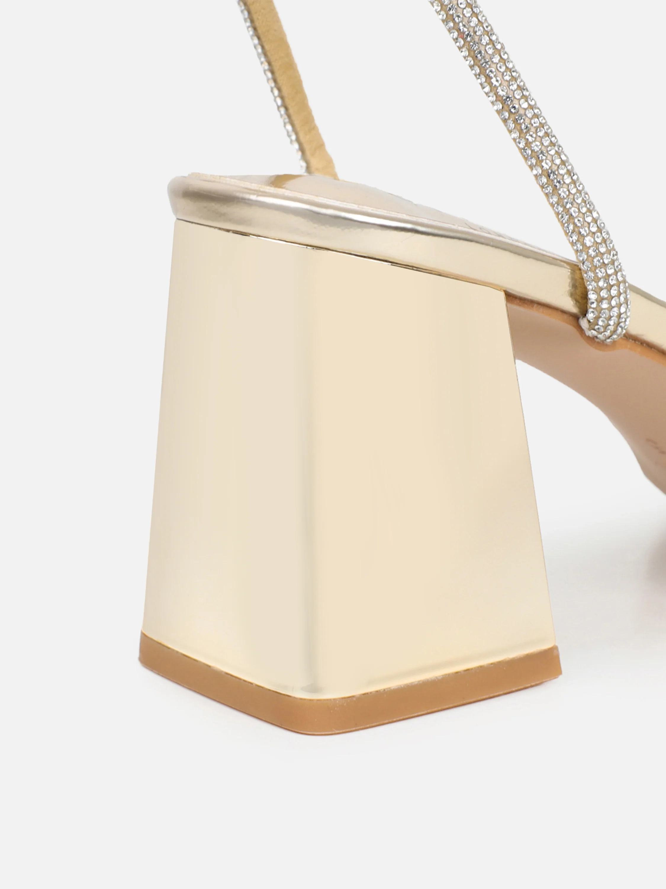 Ciel Gold Mirror Diamante Low Block Wide Fit Heeled Sandals - Image 3
