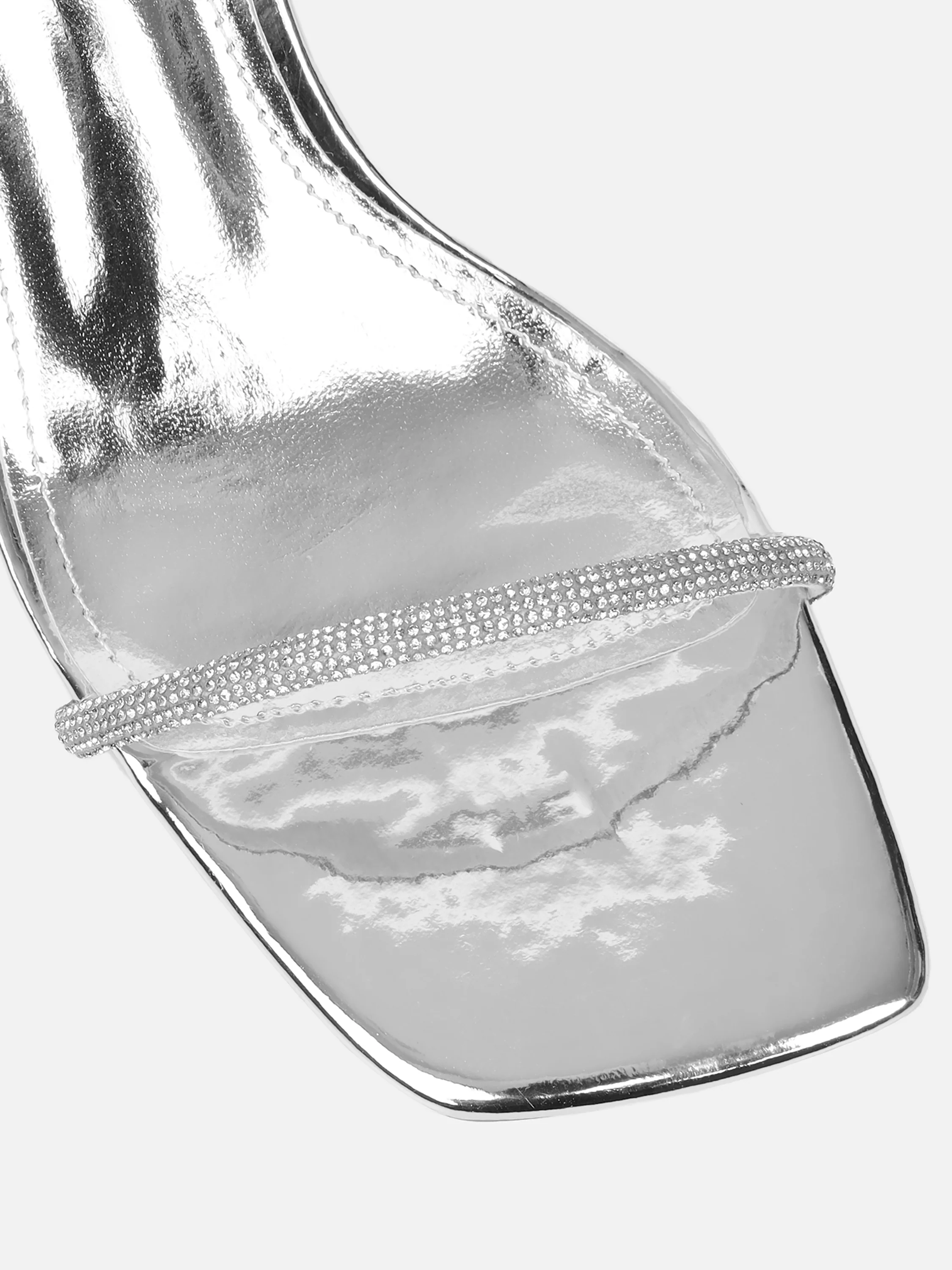 Ciel Silver Mirror Diamante Low Block Wide Fit Heeled Sandals - Image 4
