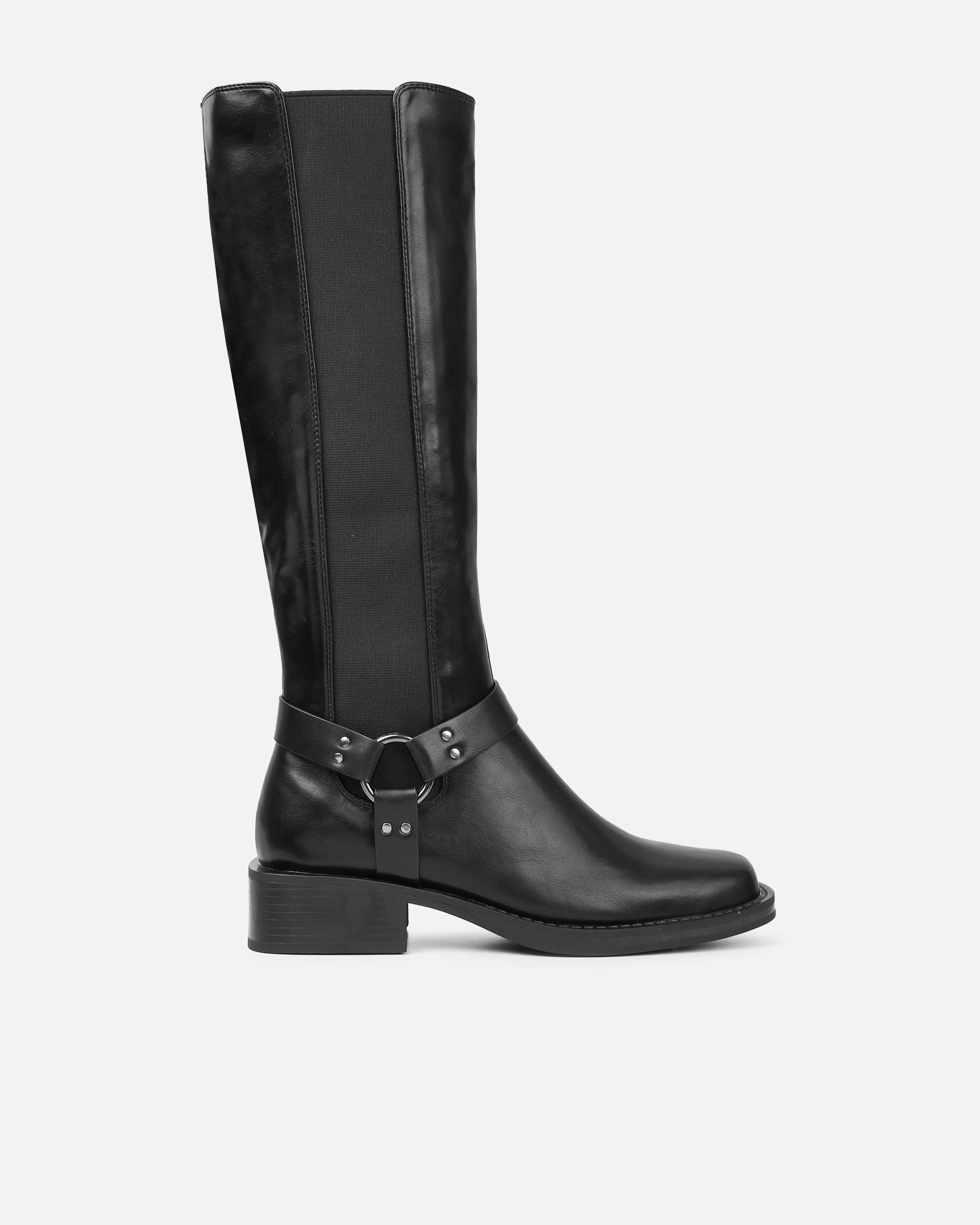 Collins Black Harness Knee High Biker Boots - Image 2