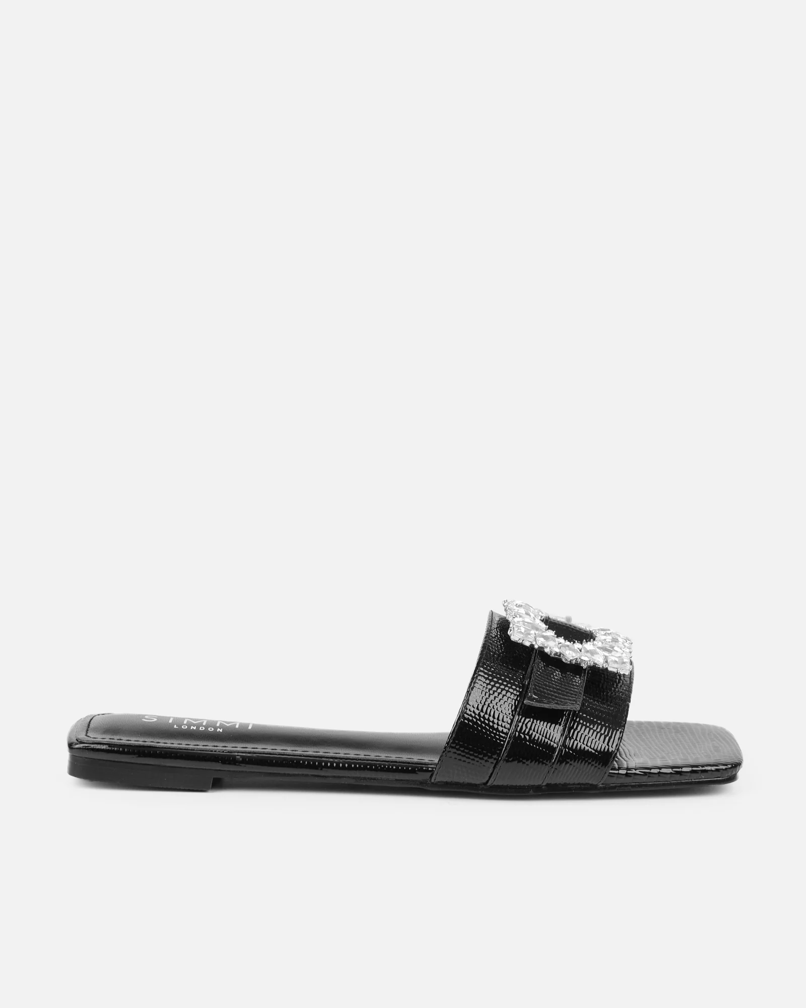 Cyra Black Faux Lizard Effect Diamante Flat Sandals - Image 2