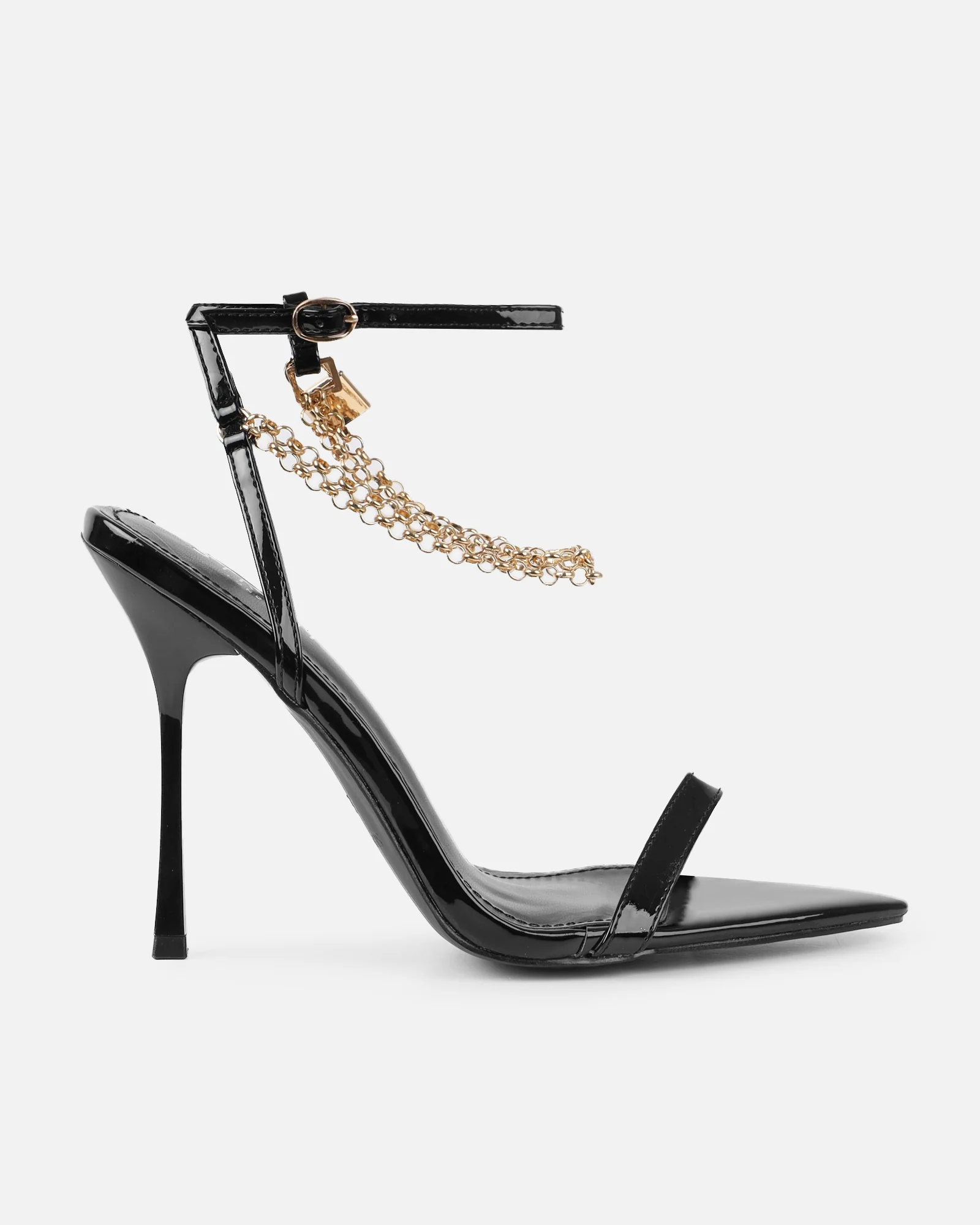 Dafni Black Patent Padlock Detail Heeled Sandals - Image 2
