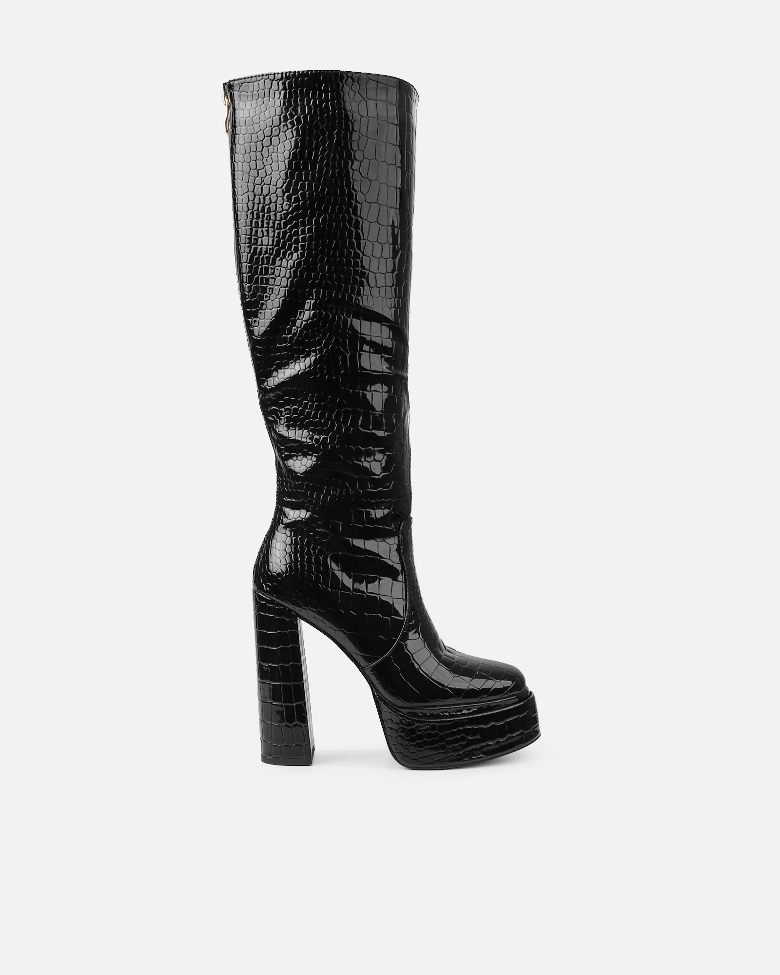 Dallis Black Patent Faux Croc Platform Knee High Boots - Image 2