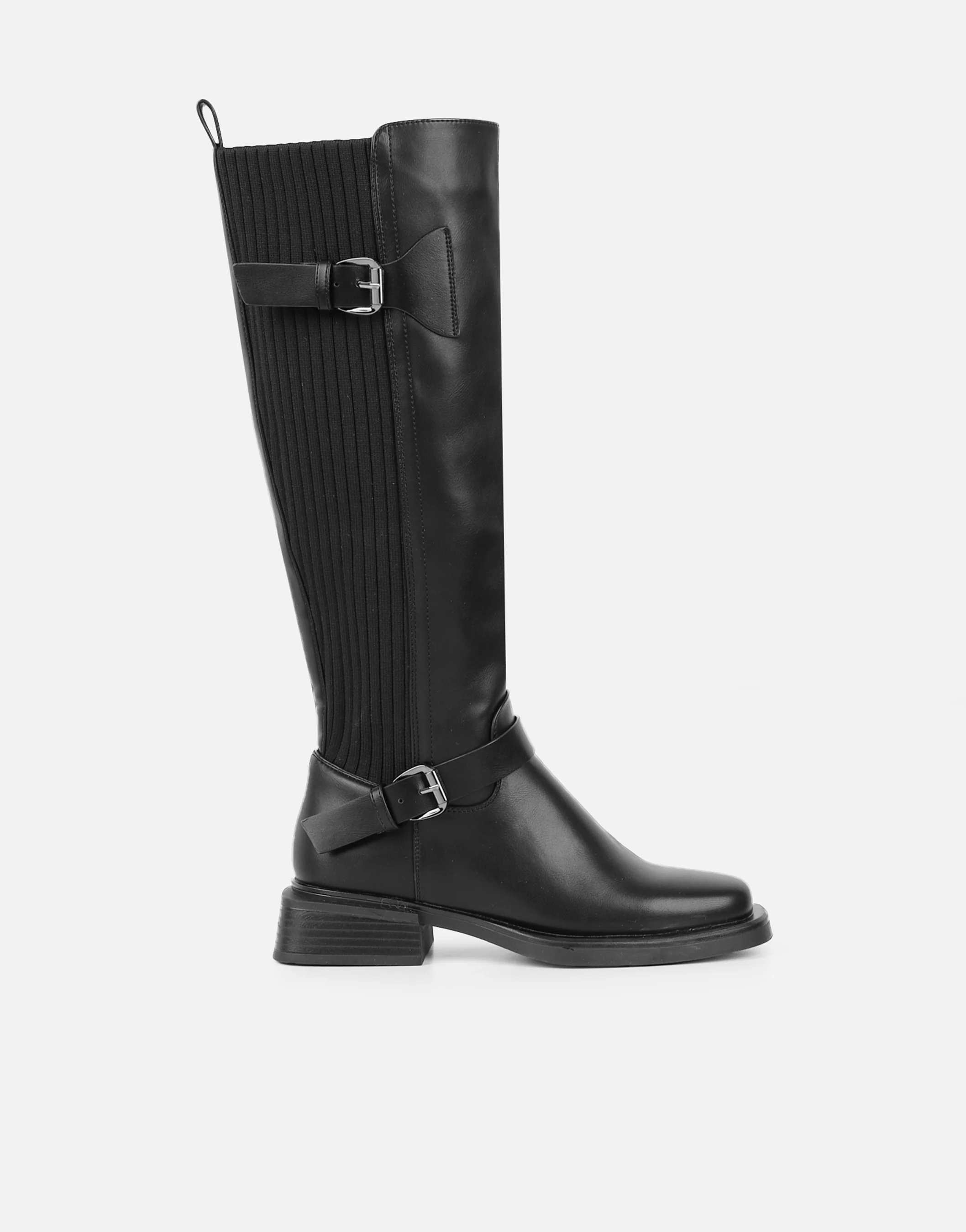 Dilly Black Knee High Buckle Detail Sock Boots - Image 3