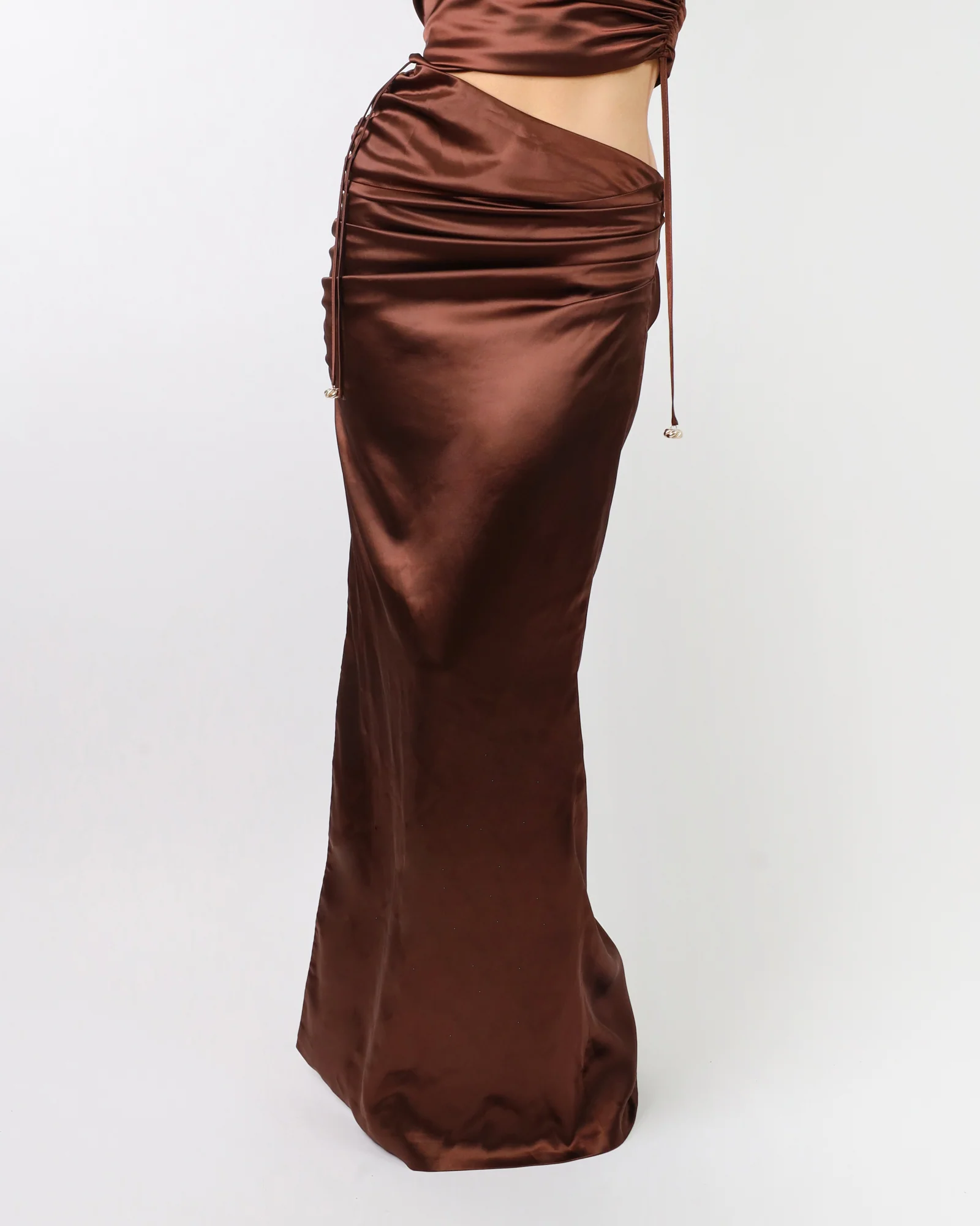 Élodie Chocolate Satin Drape Maxi Skirt - Image 3
