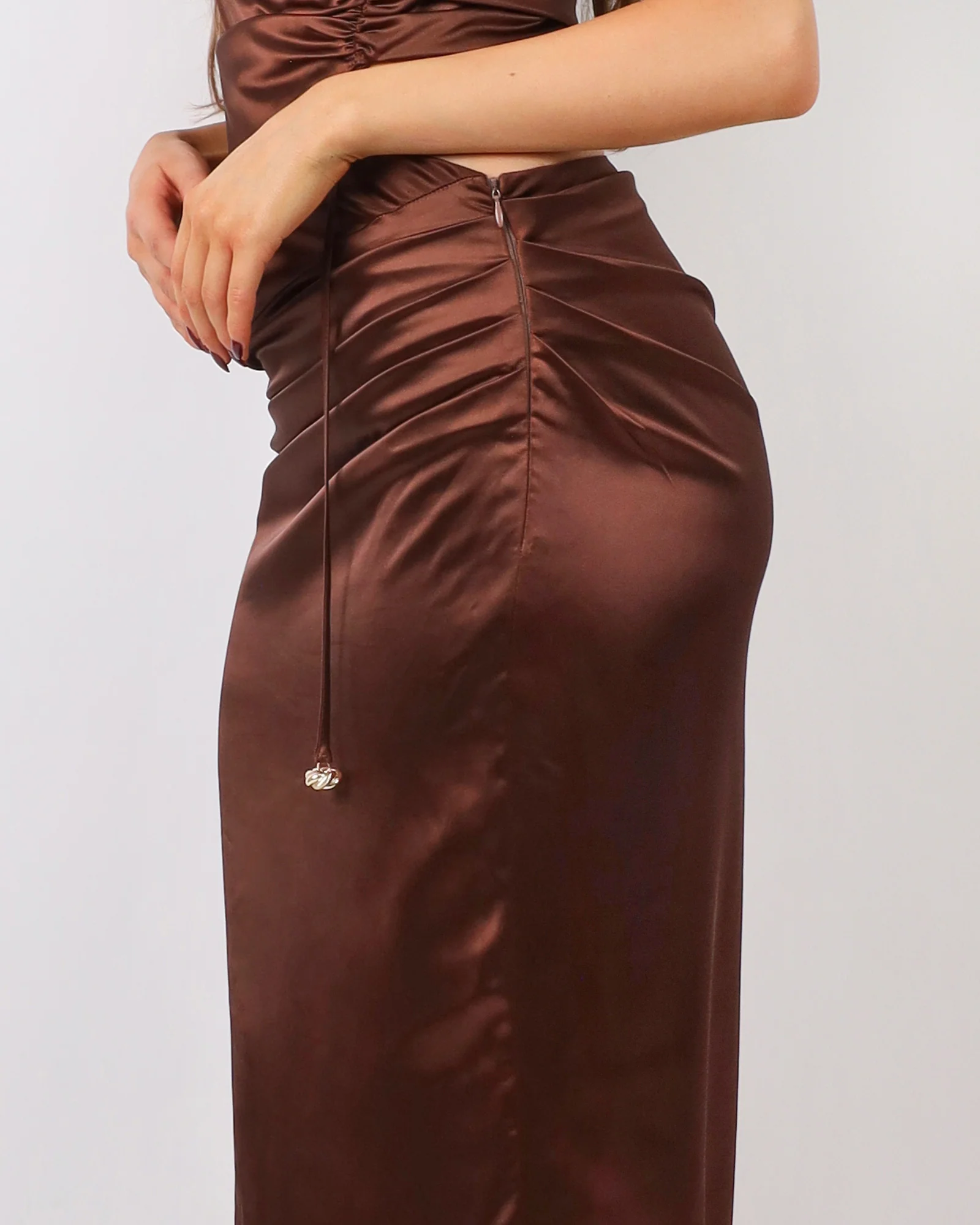 Élodie Chocolate Satin Drape Maxi Skirt - Image 5