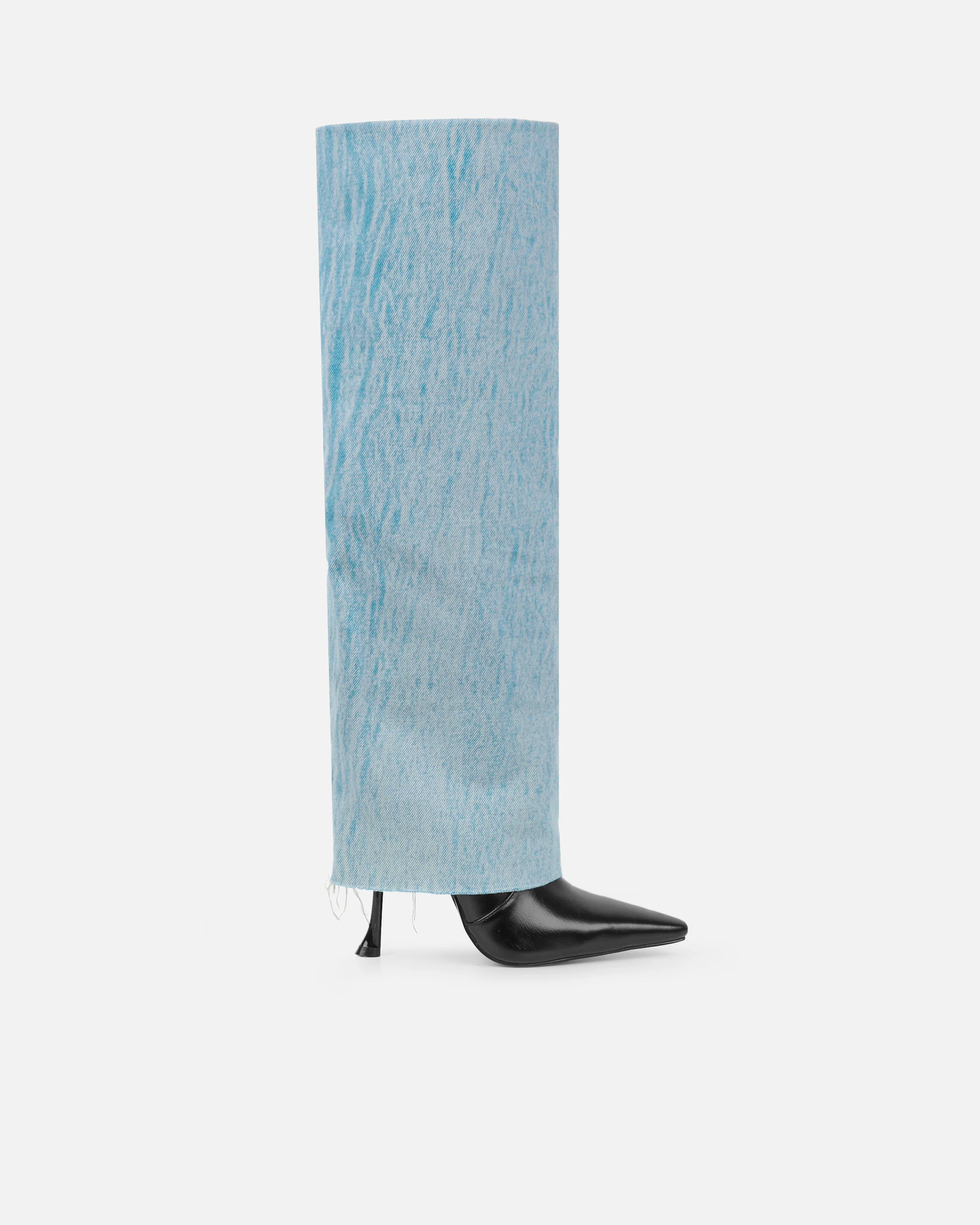Fergal Denim And Black Fold Over Heeled Knee High Boots - Image 2