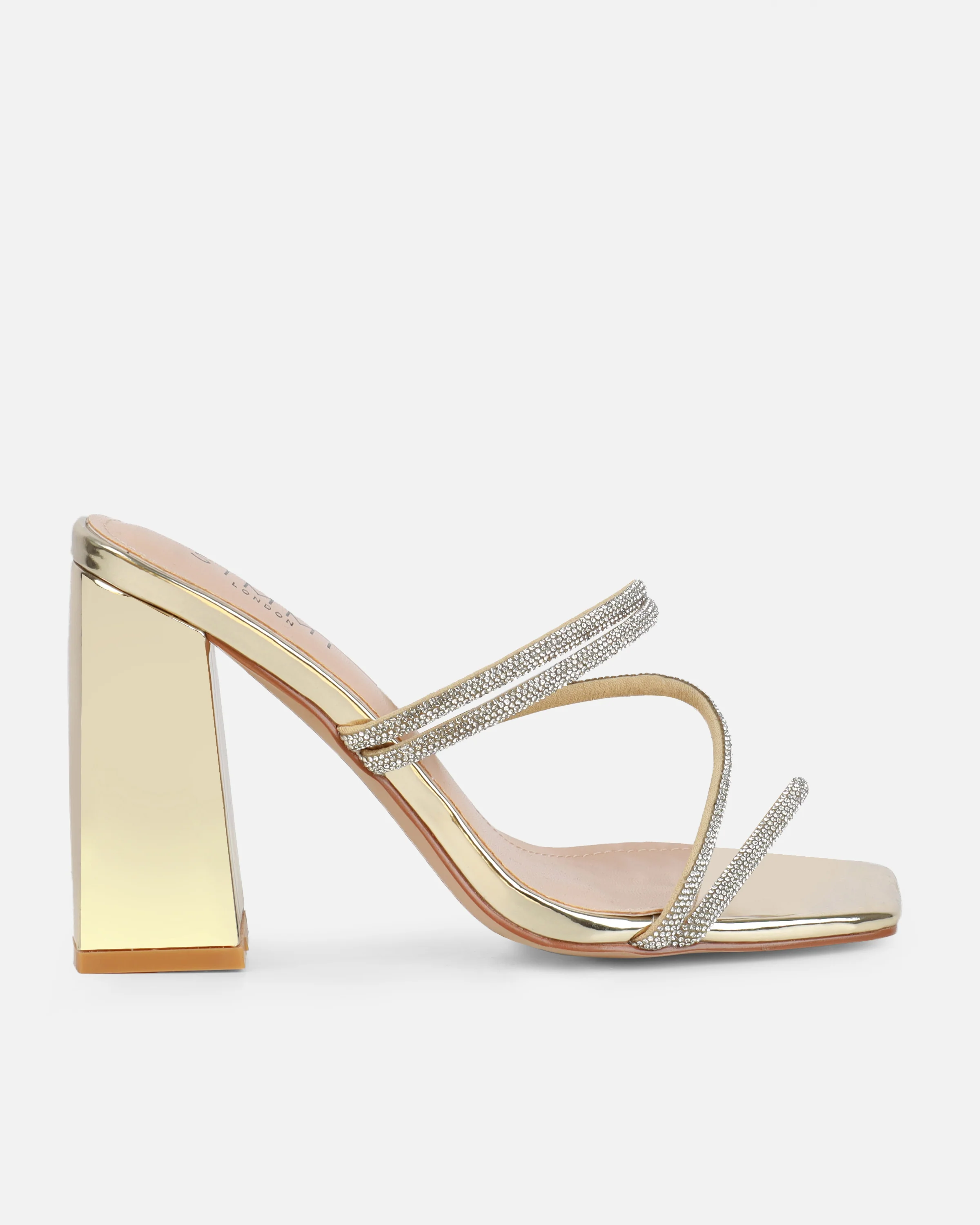 Ferne Gold Mirror Diamante Block Heeled Sandals - Image 2