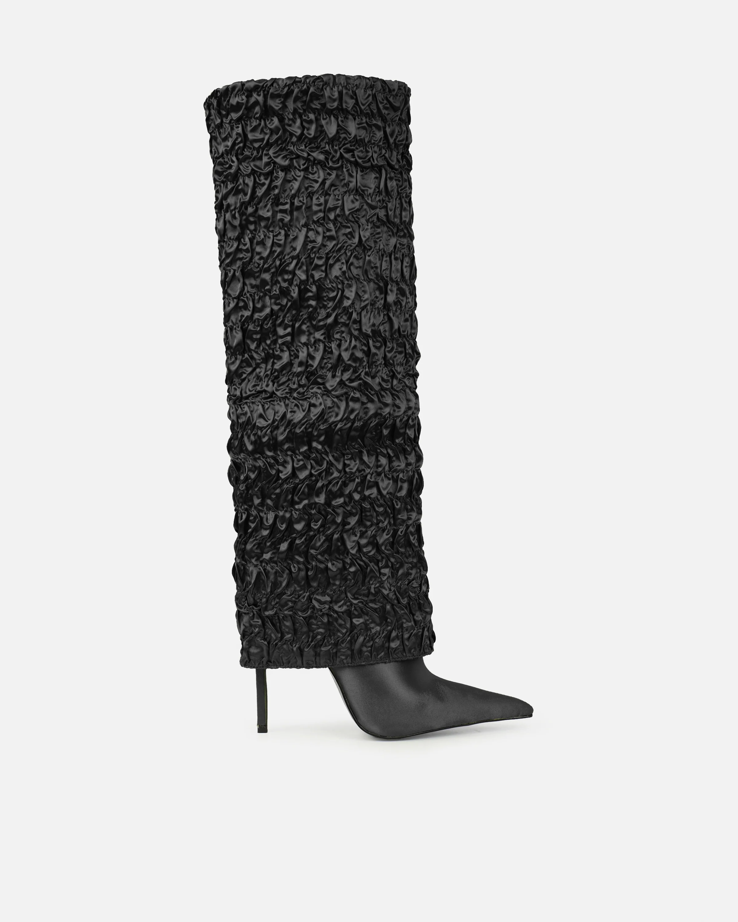 Harrie Black Satin Ruched Stiletto Knee High Boots - Image 2
