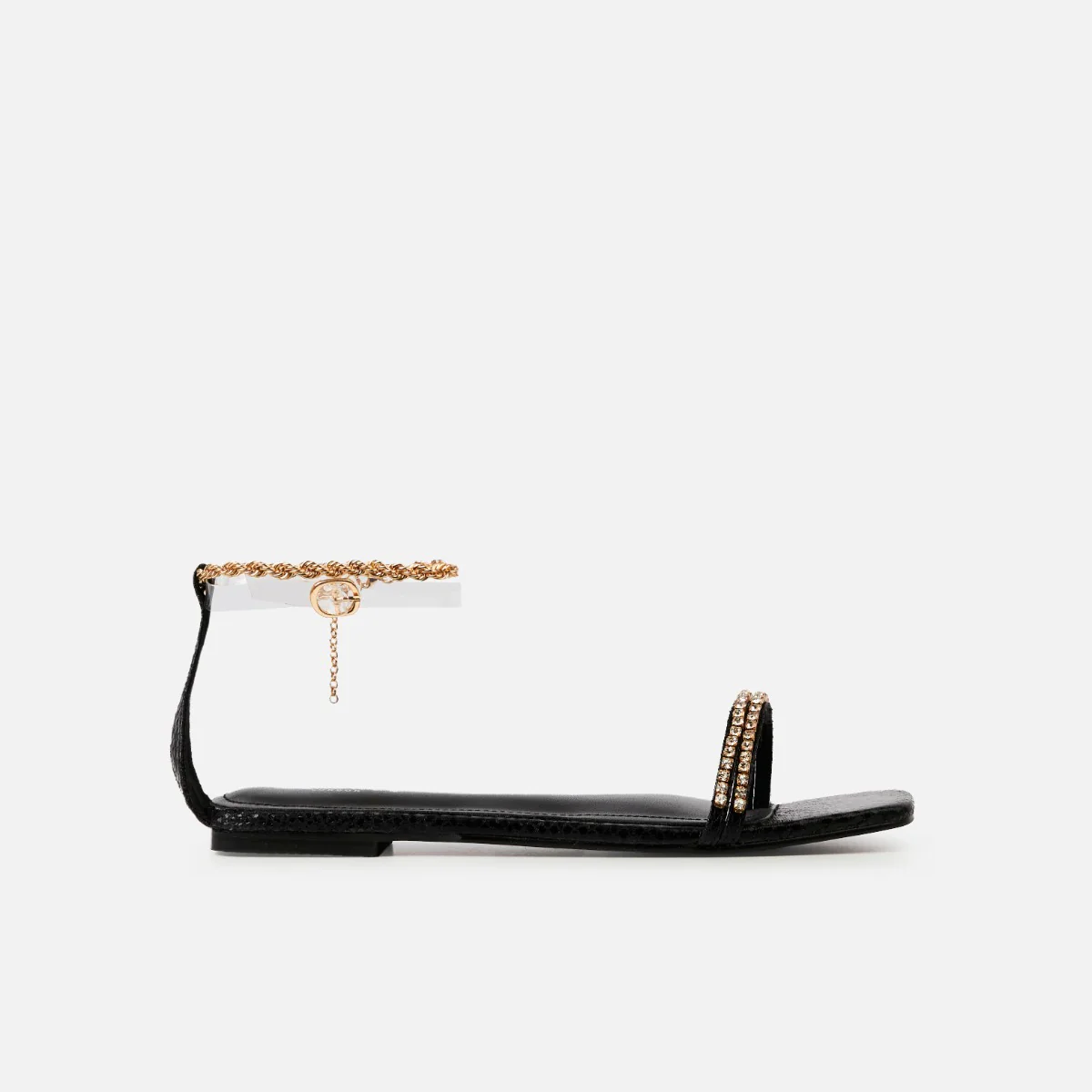 Hestia Black Ankle Chain Flat Sandals - Image 2