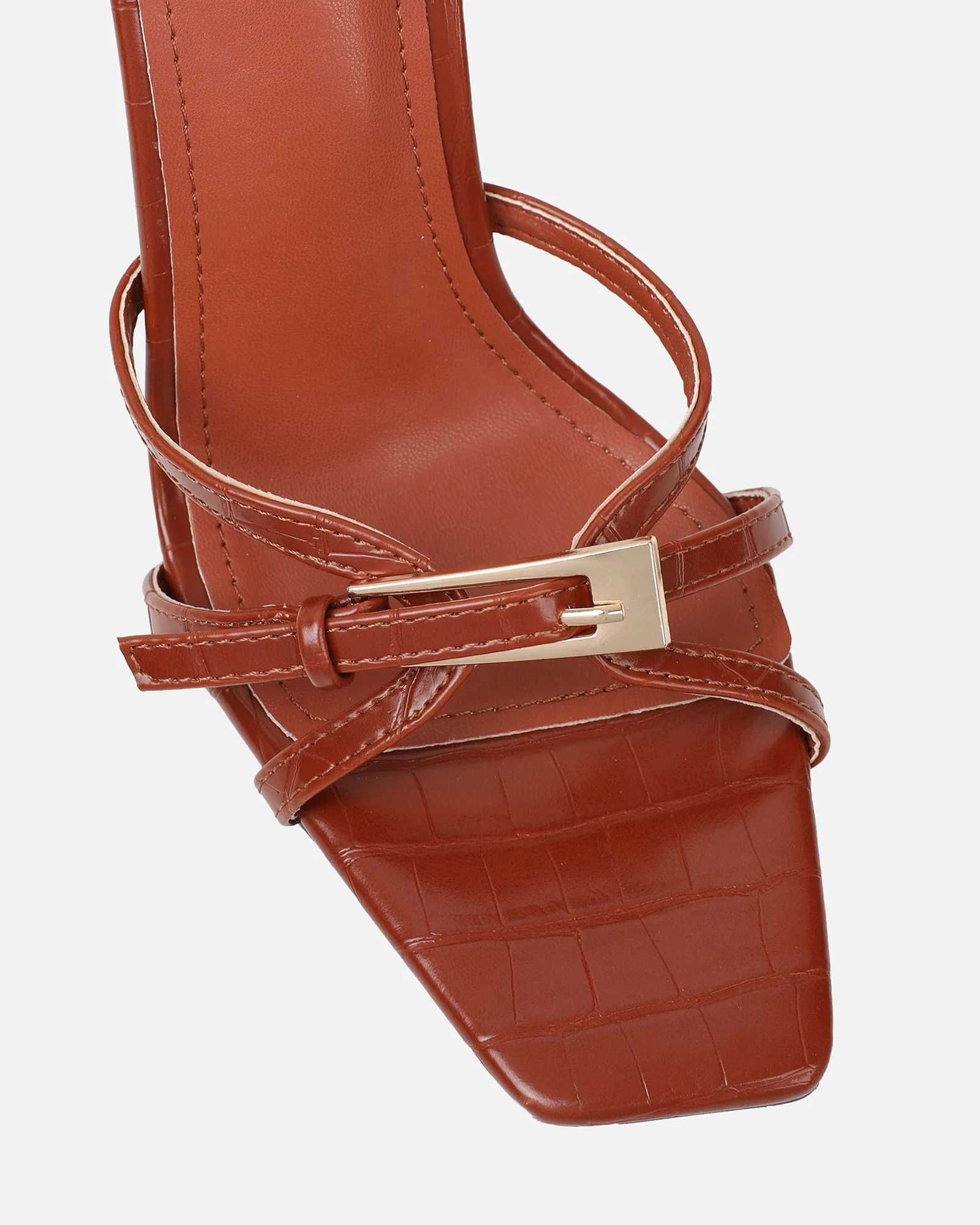Imaan Tan Croc Effect Buckle Heeled Sandals - Image 4