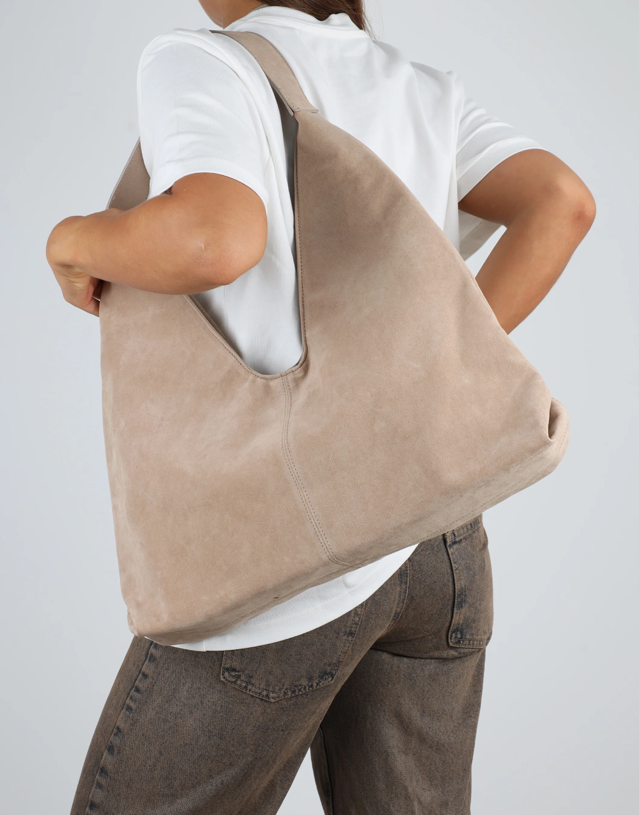 Isla Large Beige Faux Suede Shoulder Bag - Image 2