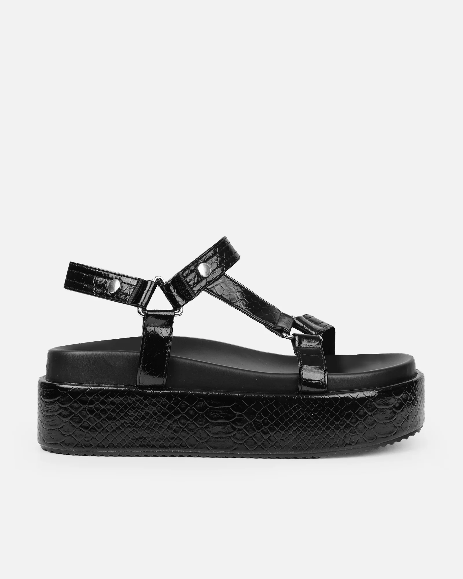 Jamarni Black Croc Print Flatform Sandals - Image 2