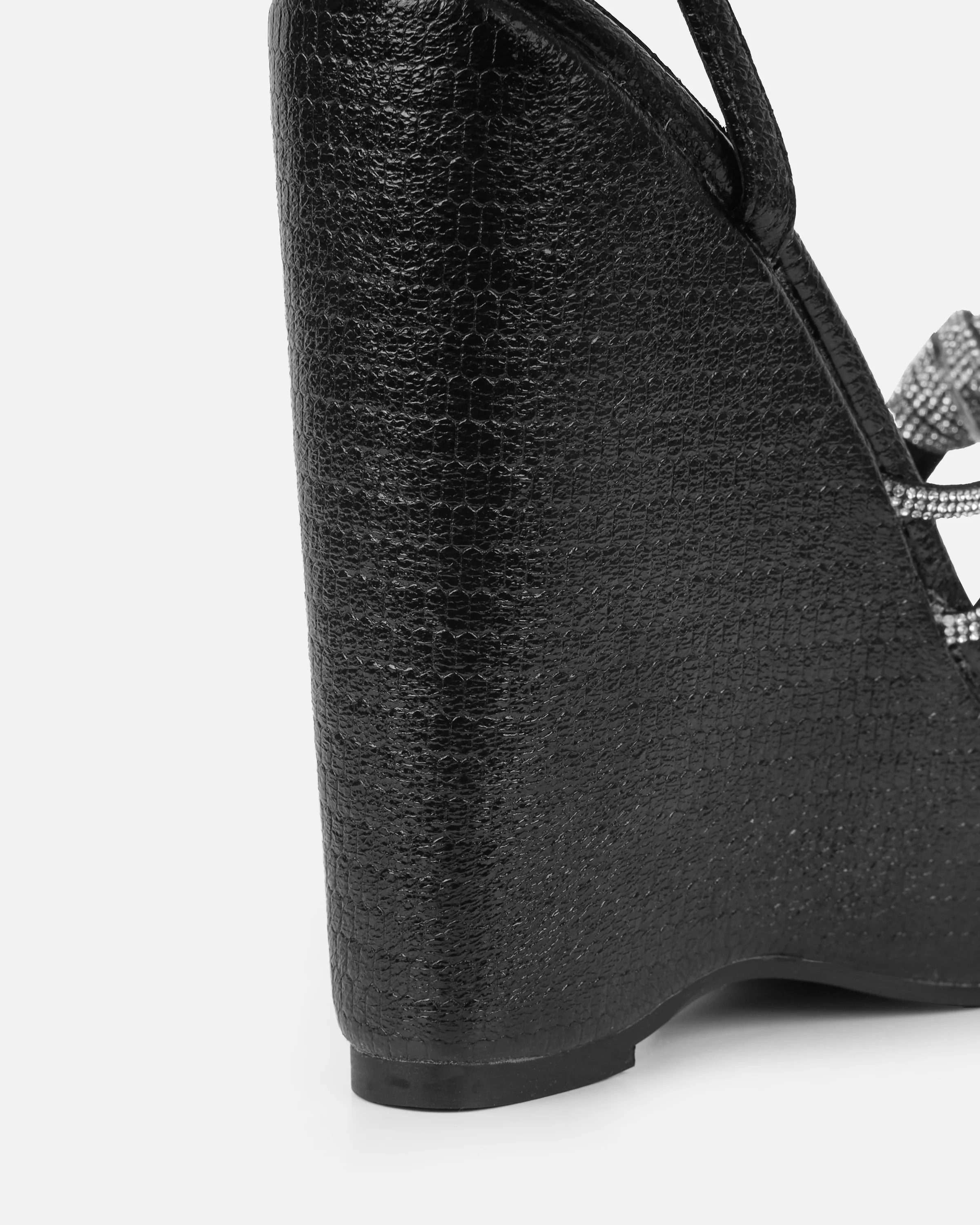 Jayne Black Faux Snake Diamante Wedge Sandals - Image 3