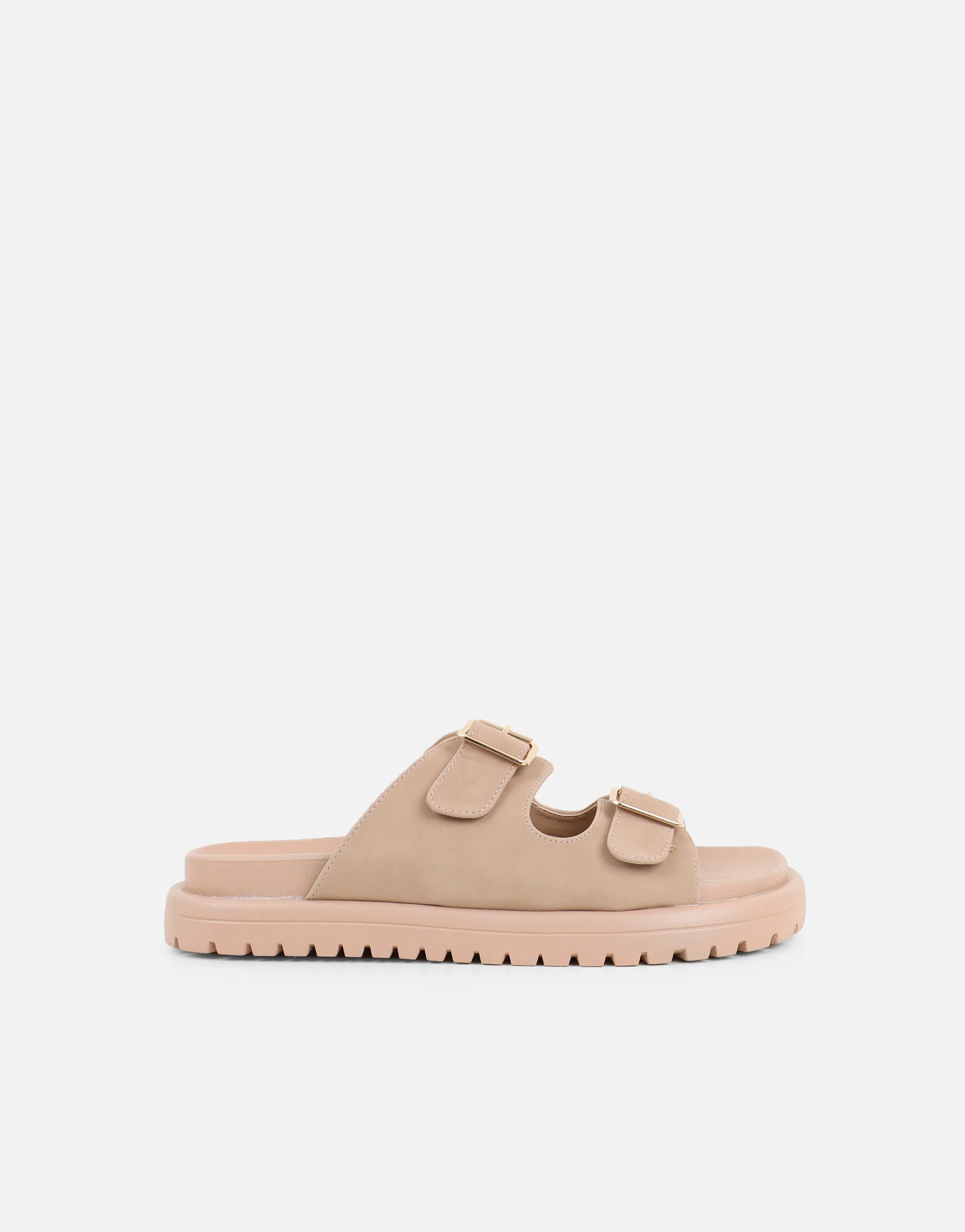 Jesselyn Beige Suede Buckle Chunky Flat Sandals - Image 2