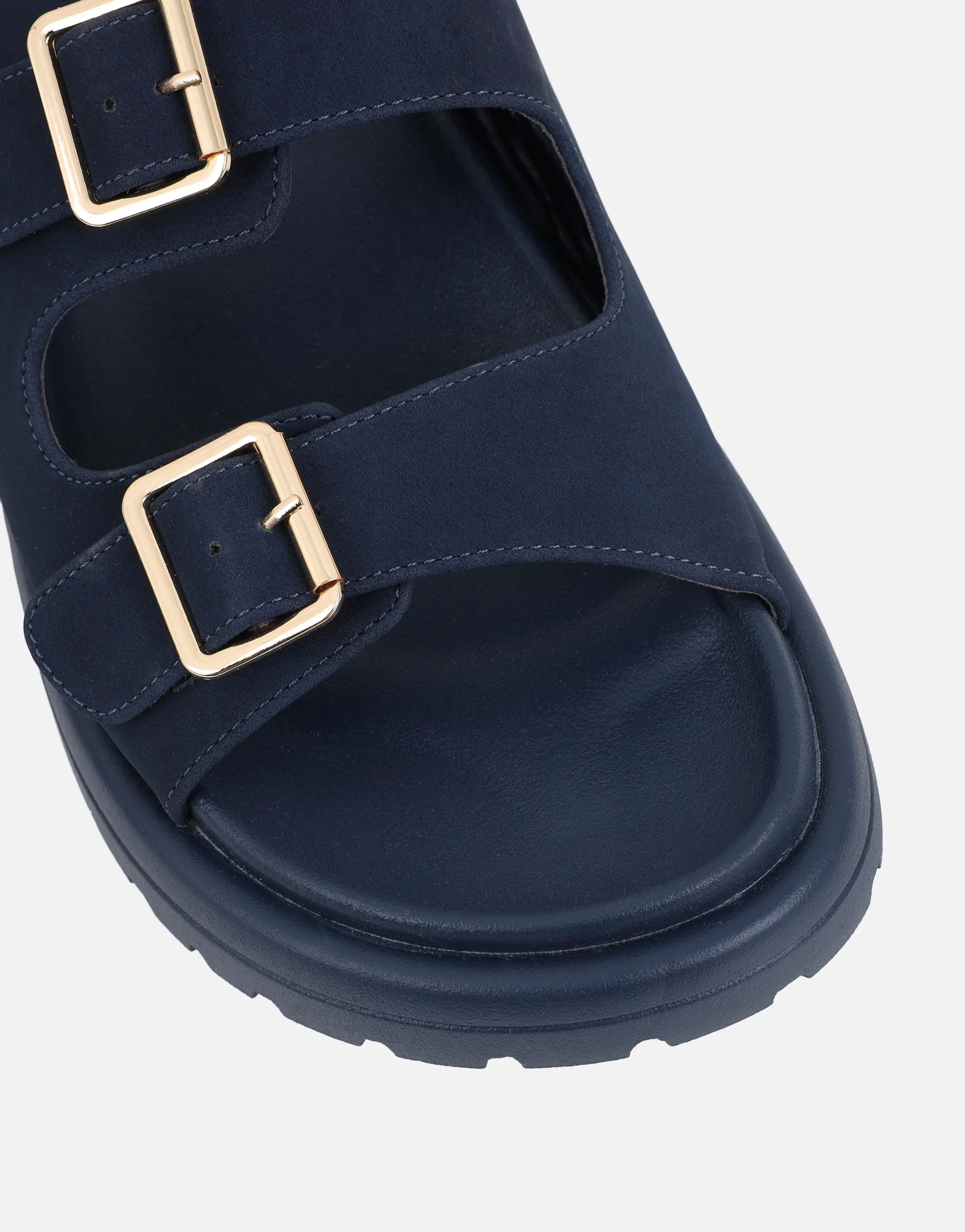 Jesselyn Navy Suede Buckle Chunky Flat Sandals - Image 4