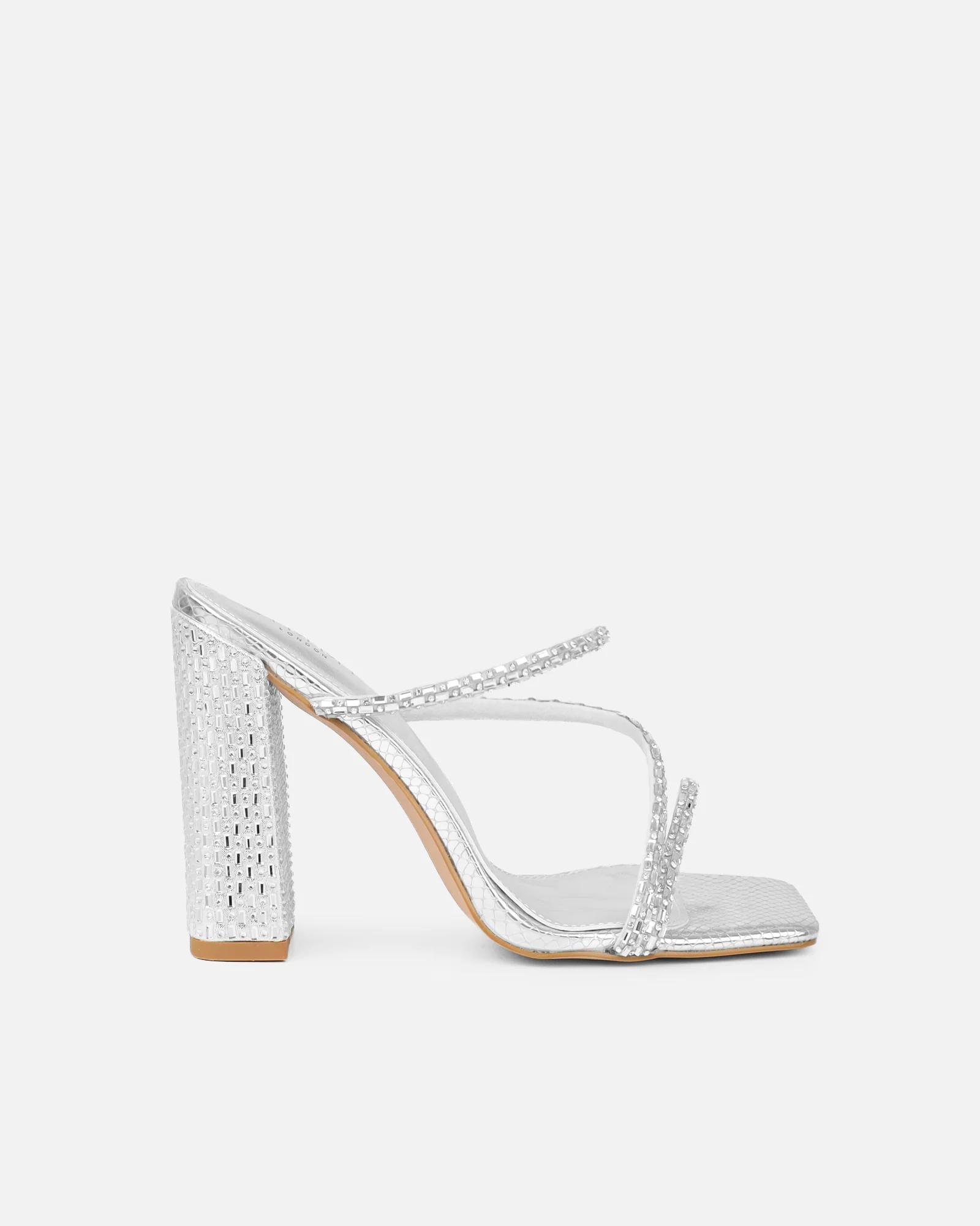 Kaana Silver Snake Effect Diamante Block Heel Sandals - Image 2
