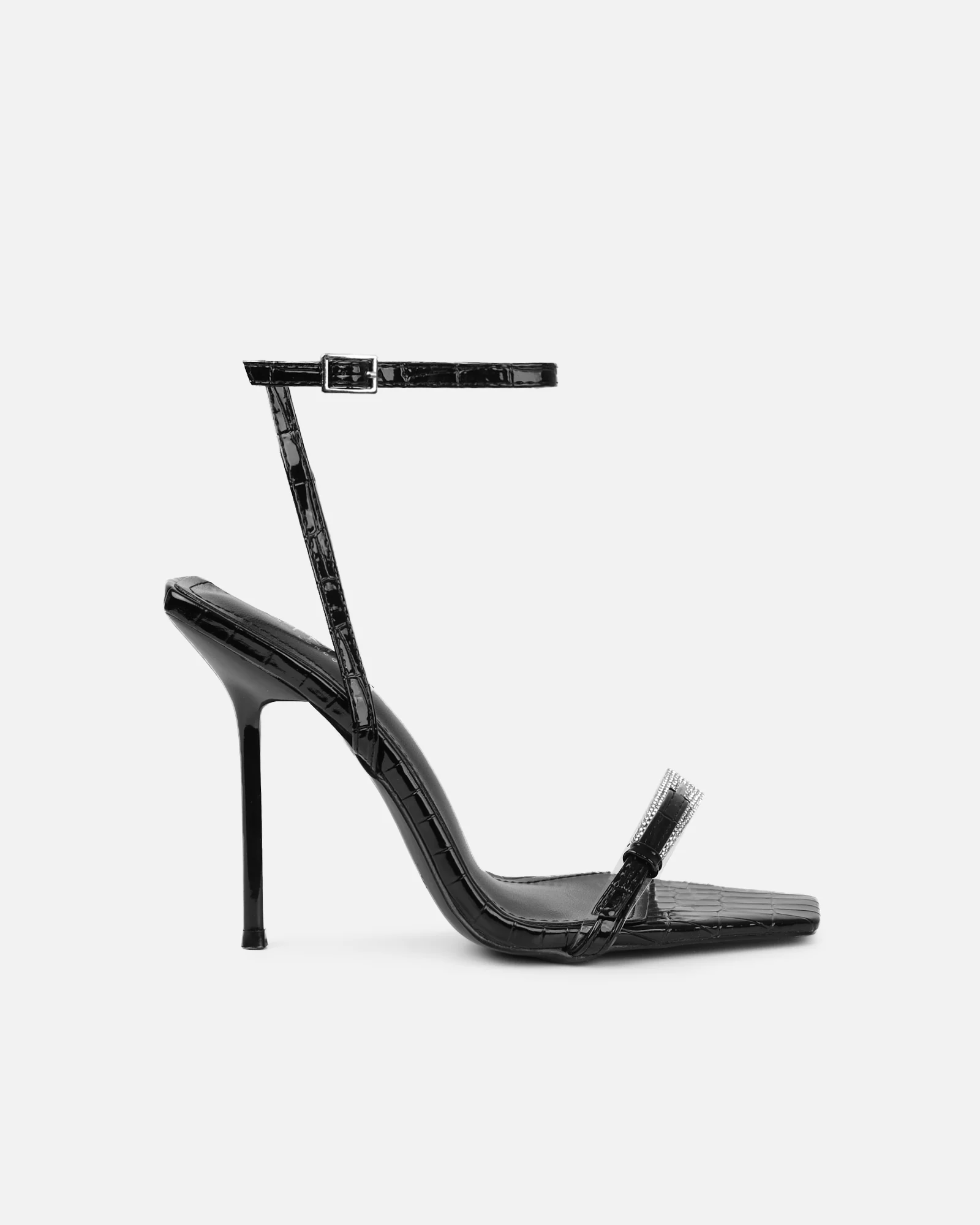 Kienna Black Patent Croc Effect Diamante Buckle Heeled Sandals - Image 2