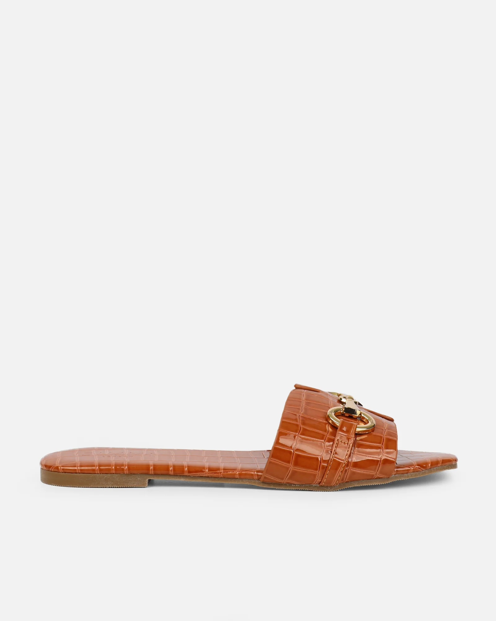 Lavinia Tan Croc Snaffle Trim Flat Sandals - Image 2