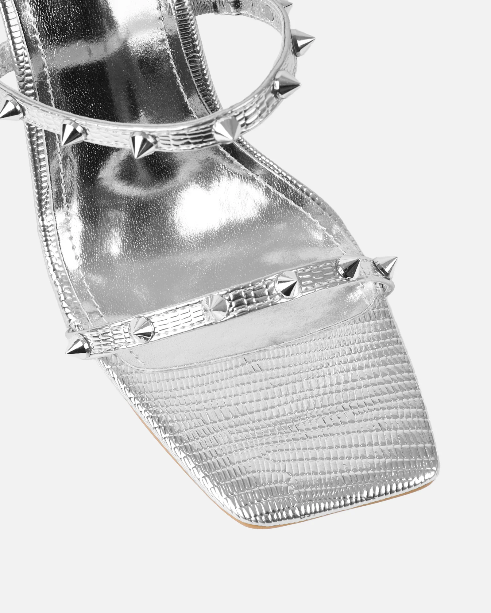 Layleigh Silver Lizard Effect Studded Heeled Sandals - Image 4