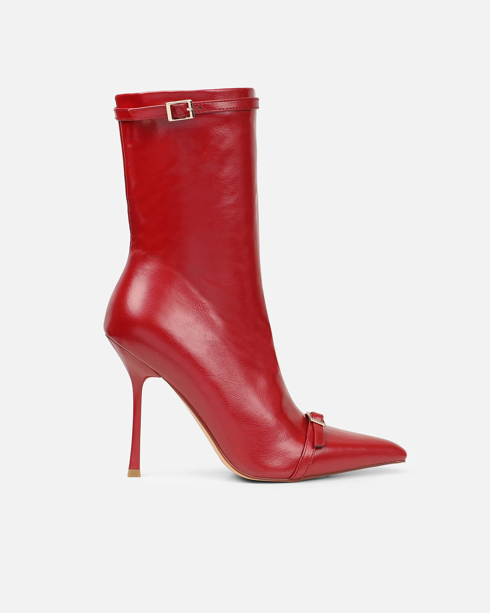 Liam Red Buckle Detail Smart Heeled Ankle Boots - Image 2
