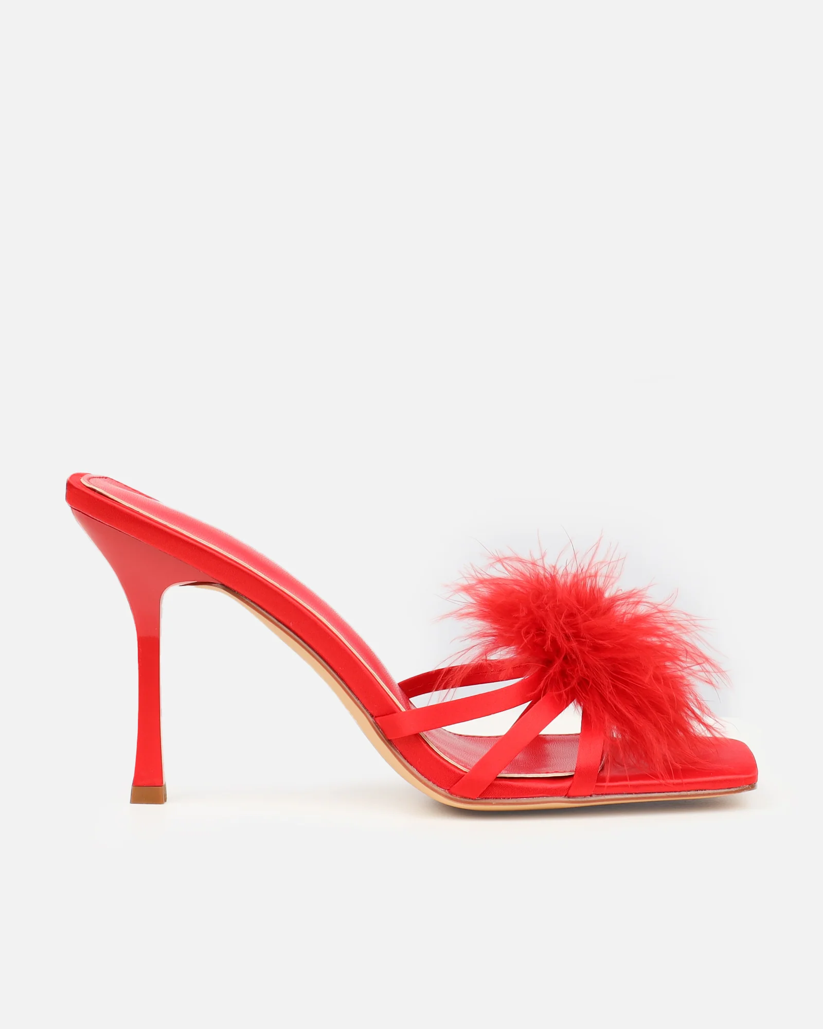 Macy Red Satin Fluffy Mules - Image 2
