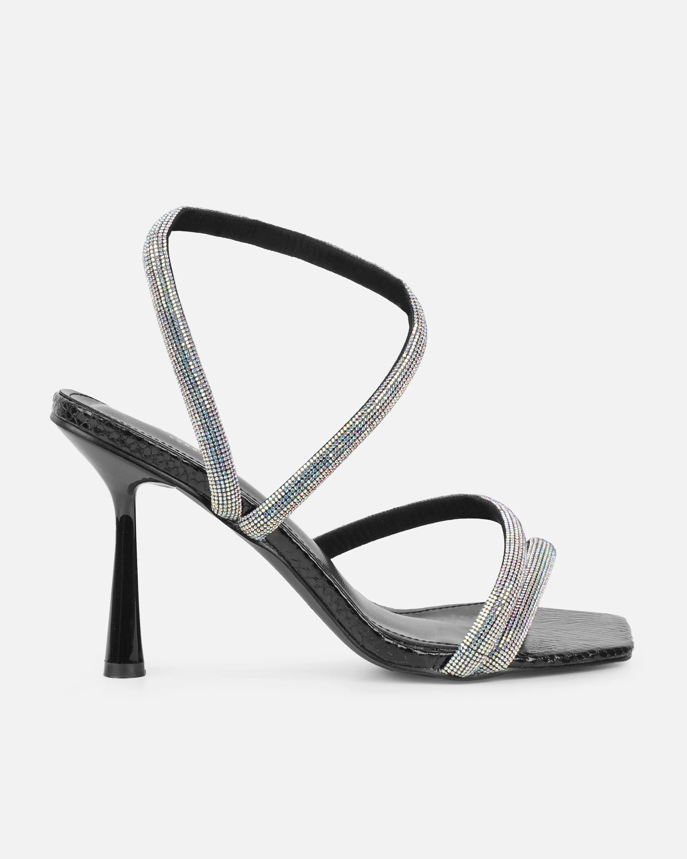 Maella Black Faux Snake Diamante Heeled Sandals - Image 2