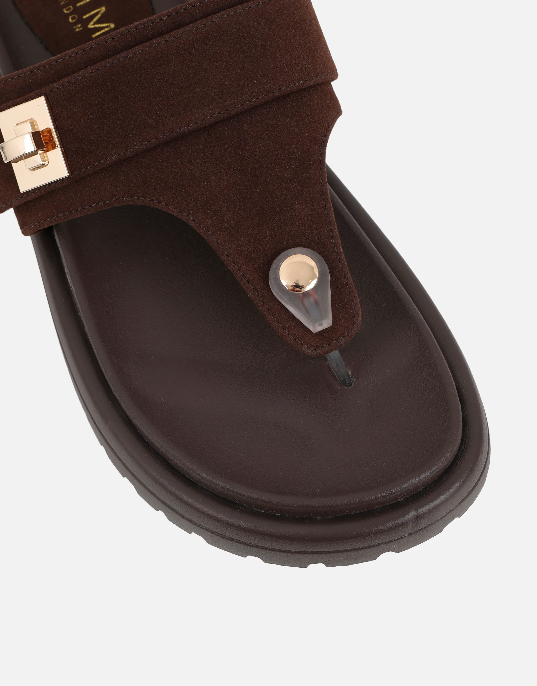 Makky Brown Suede Toe Post Embellished Chunky Flats - Image 4