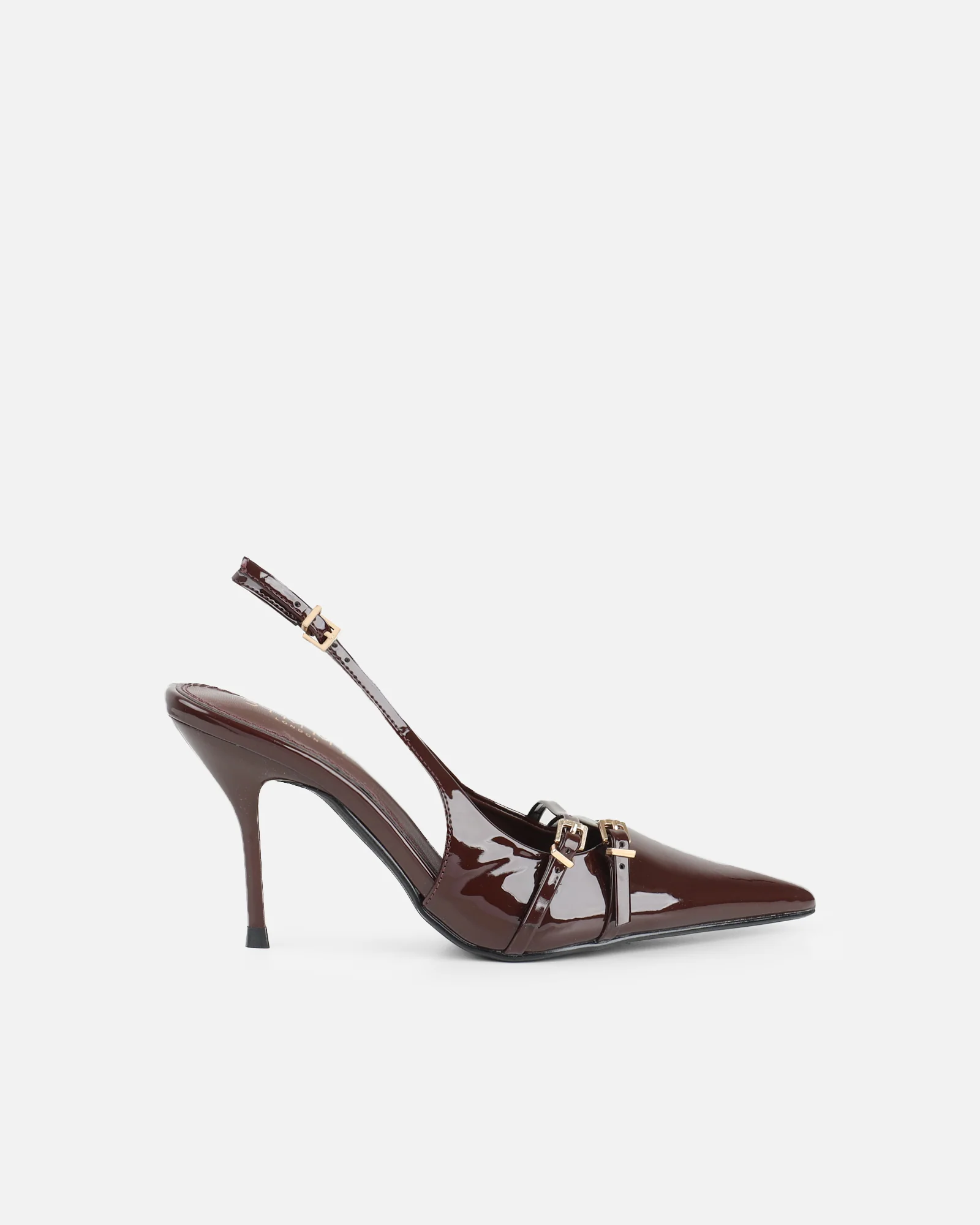 Marika Chocolate Patent Buckle Detail Slingback Courts - Image 2