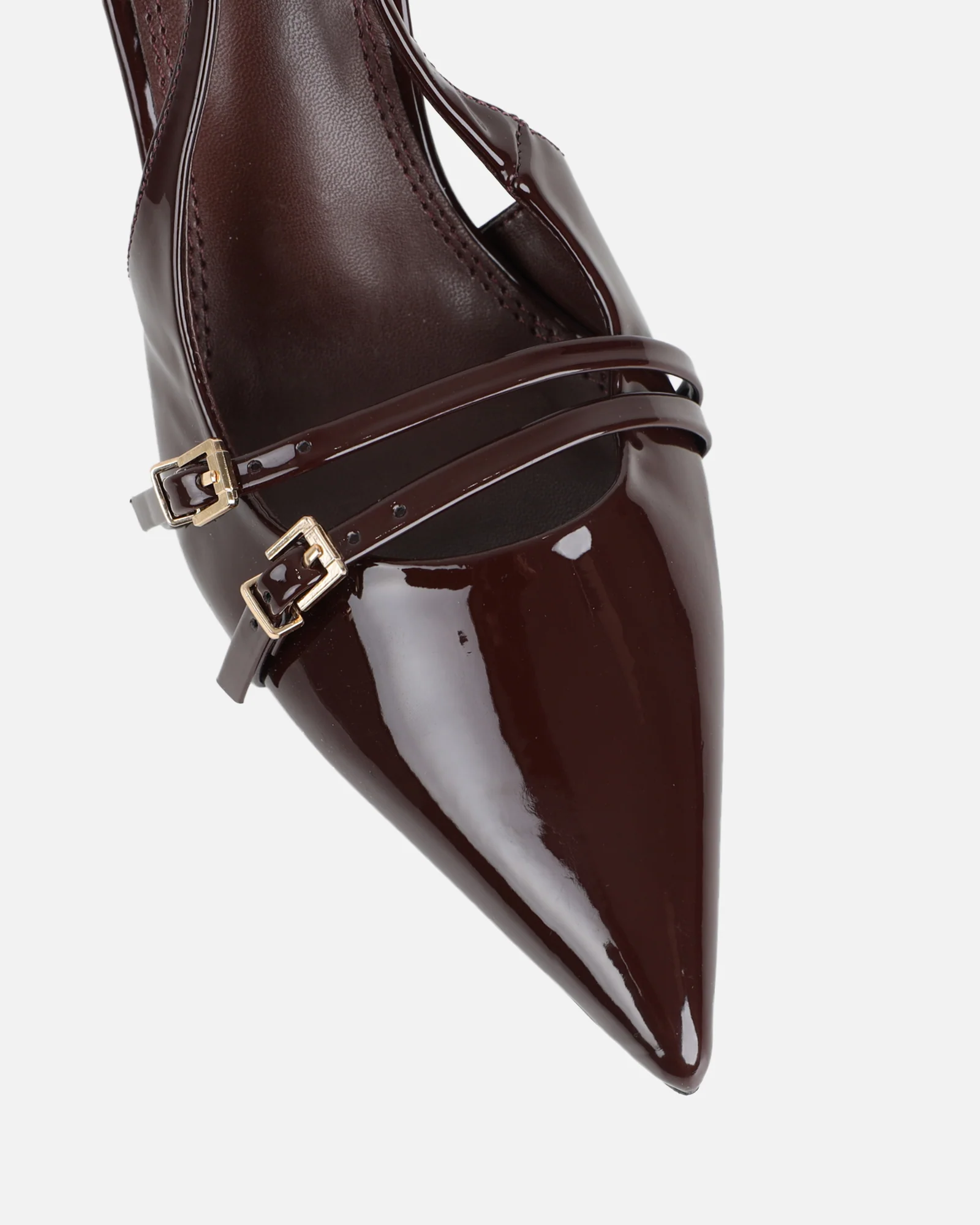 Marika Chocolate Patent Buckle Detail Slingback Courts - Image 4