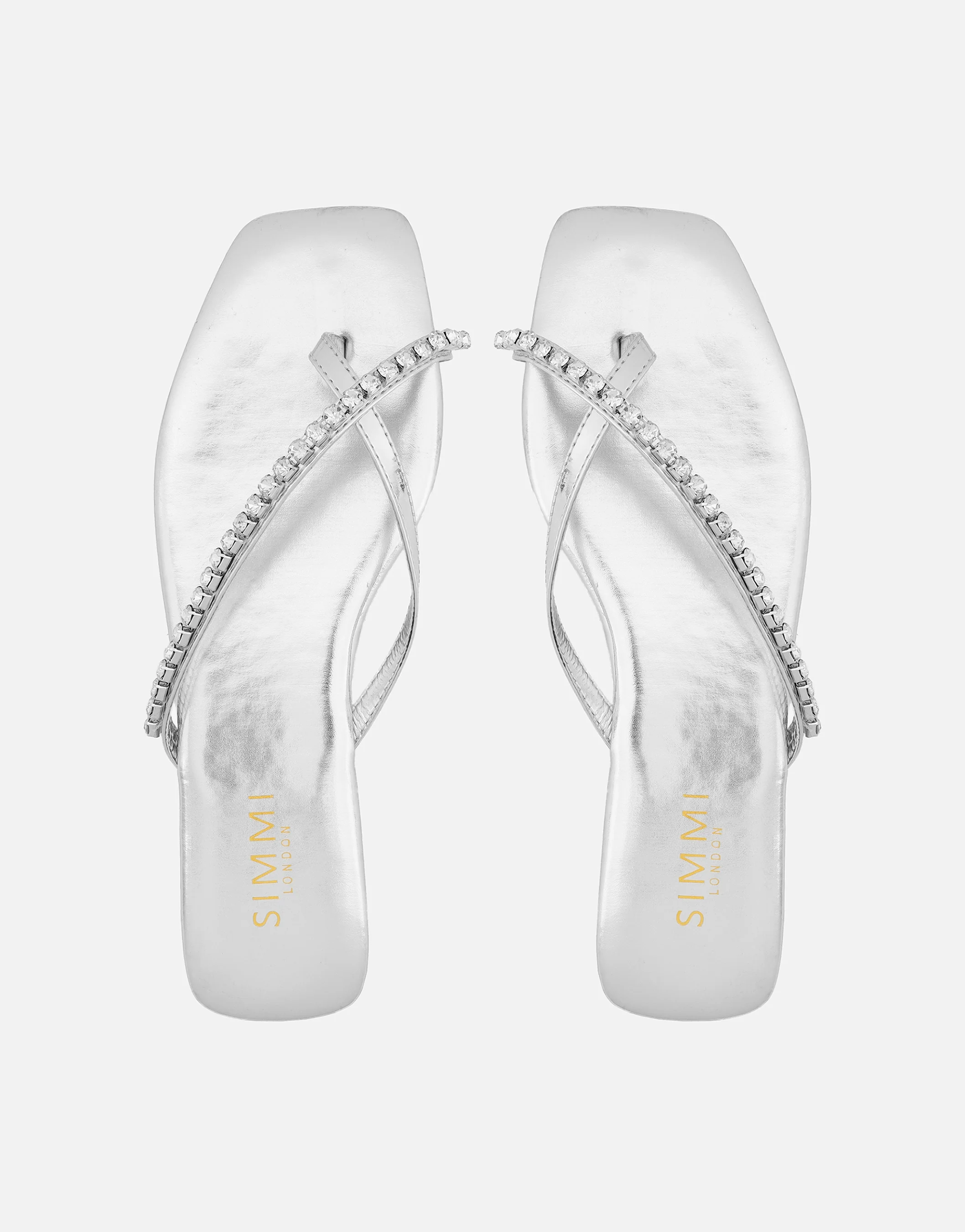 May Silver Mirror Toe Post Diamante Flat Sandals - Image 3