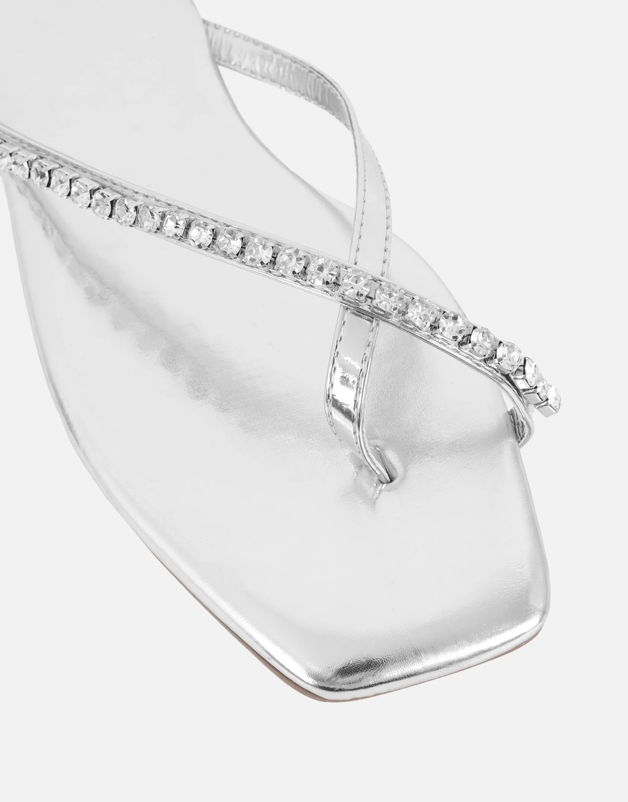 May Silver Mirror Toe Post Diamante Flat Sandals - Image 4