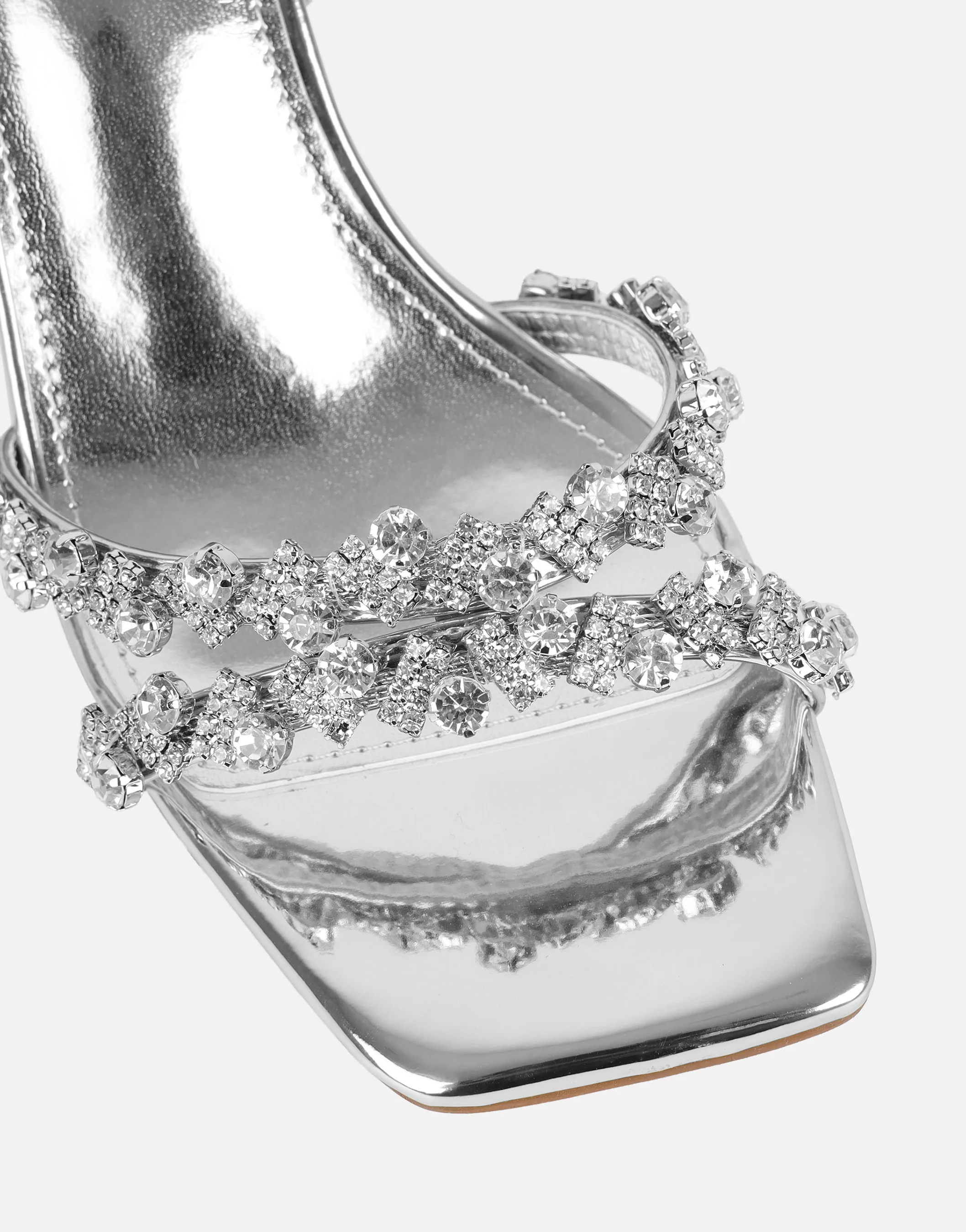 Meave Silver Mirror Diamante Wide Fit Block Heeled Sandals - Image 4