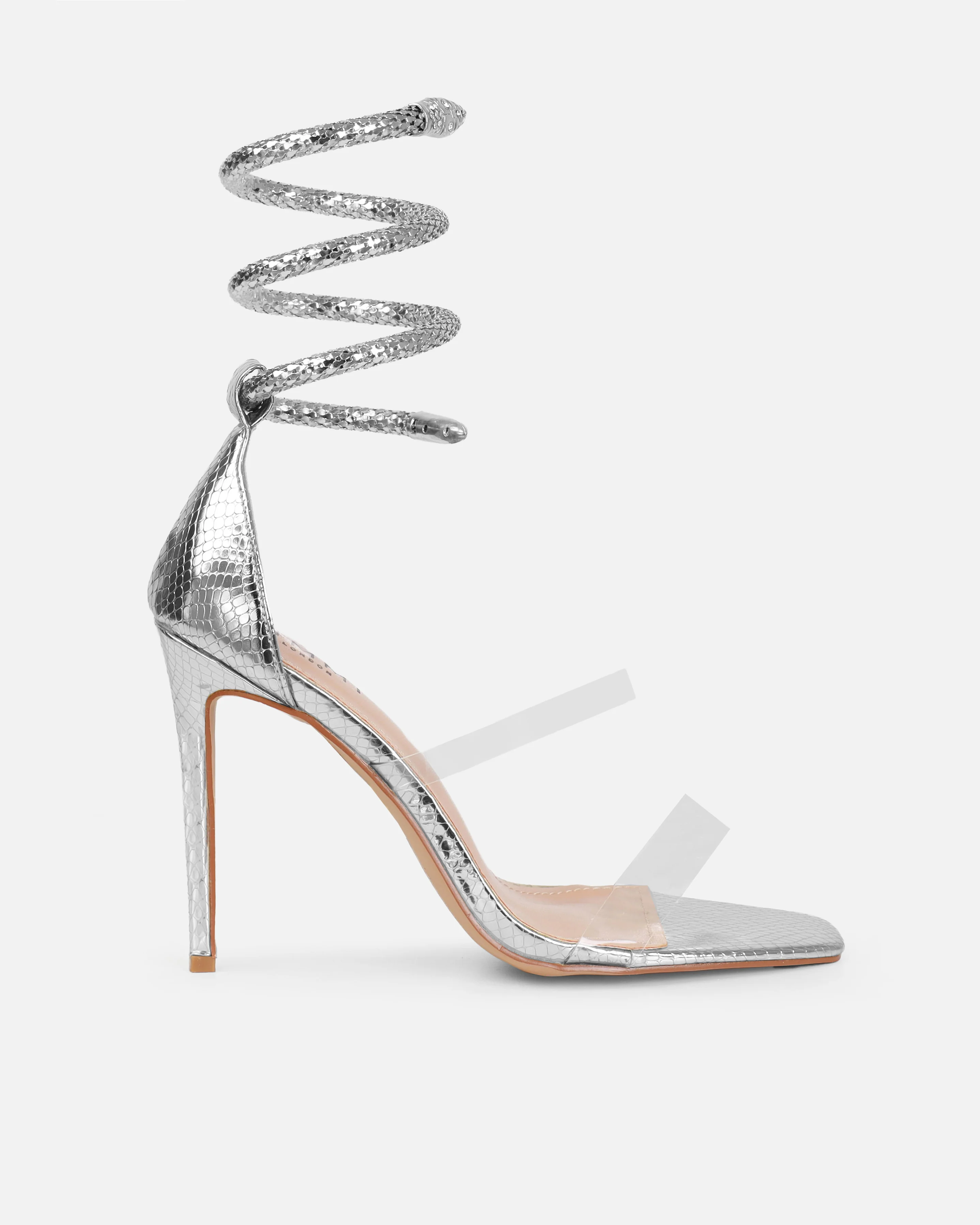 Medusa Silver Faux Snake Print Spiral Stiletto Sandals - Image 2