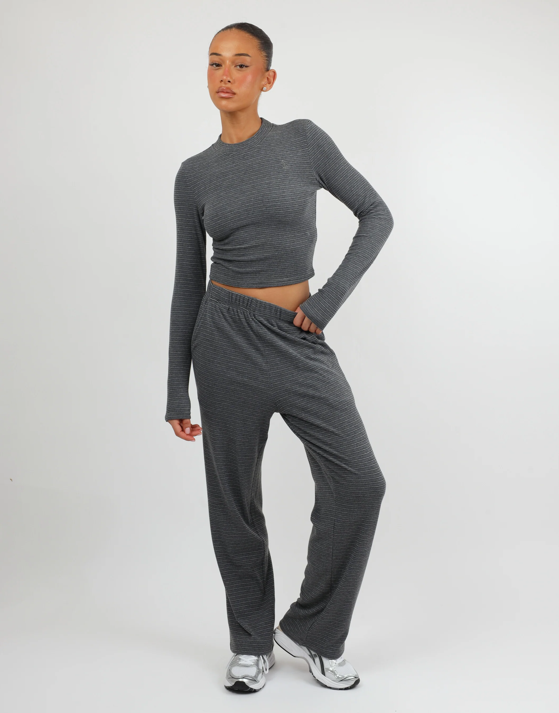 Monique Simmi Studios Soft Stripe Fine Ribbed Long Sleeve Top In Dark Grey - Image 3