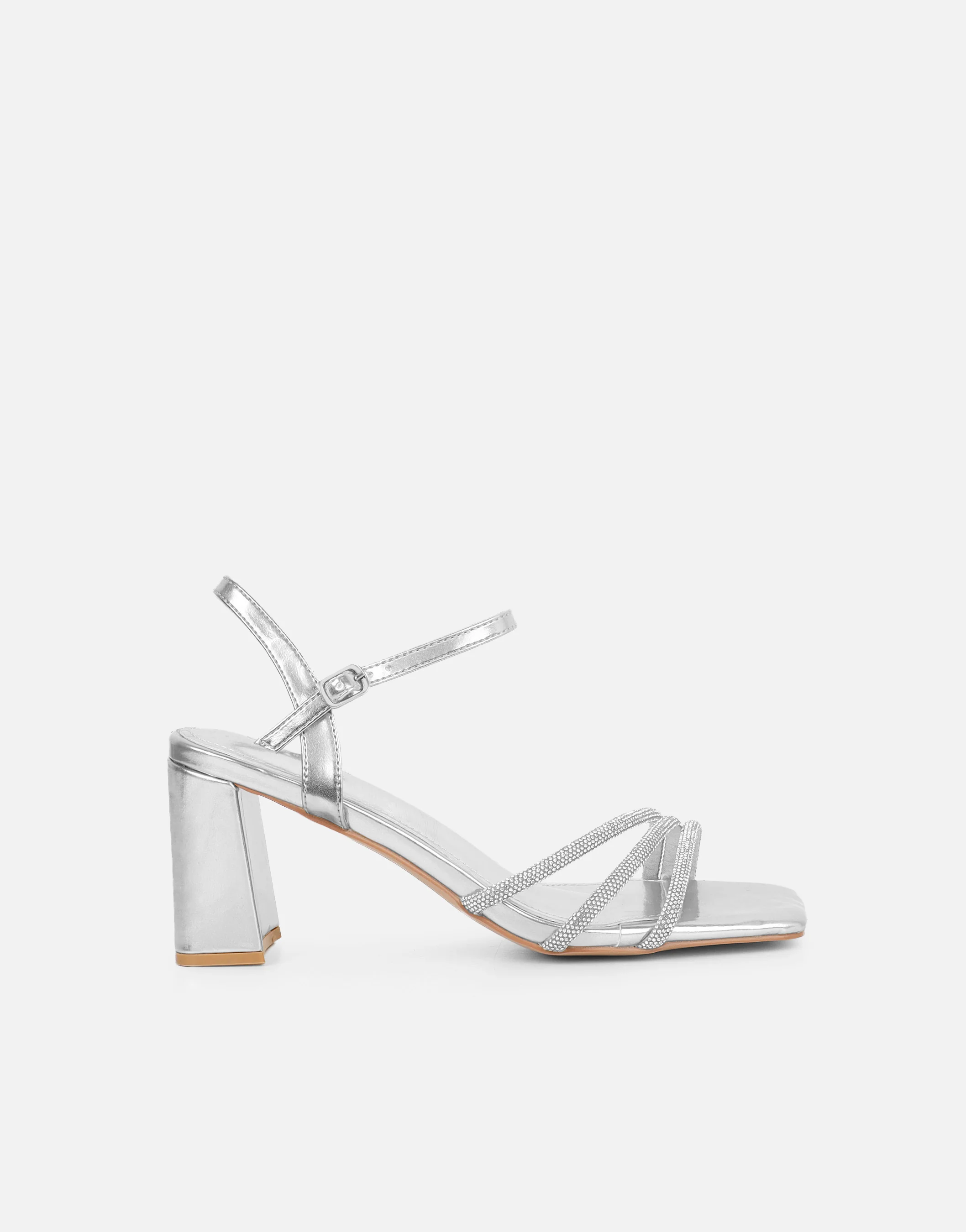 Naya Silver Metallic Diamante Block Heeled Sandals - Image 2