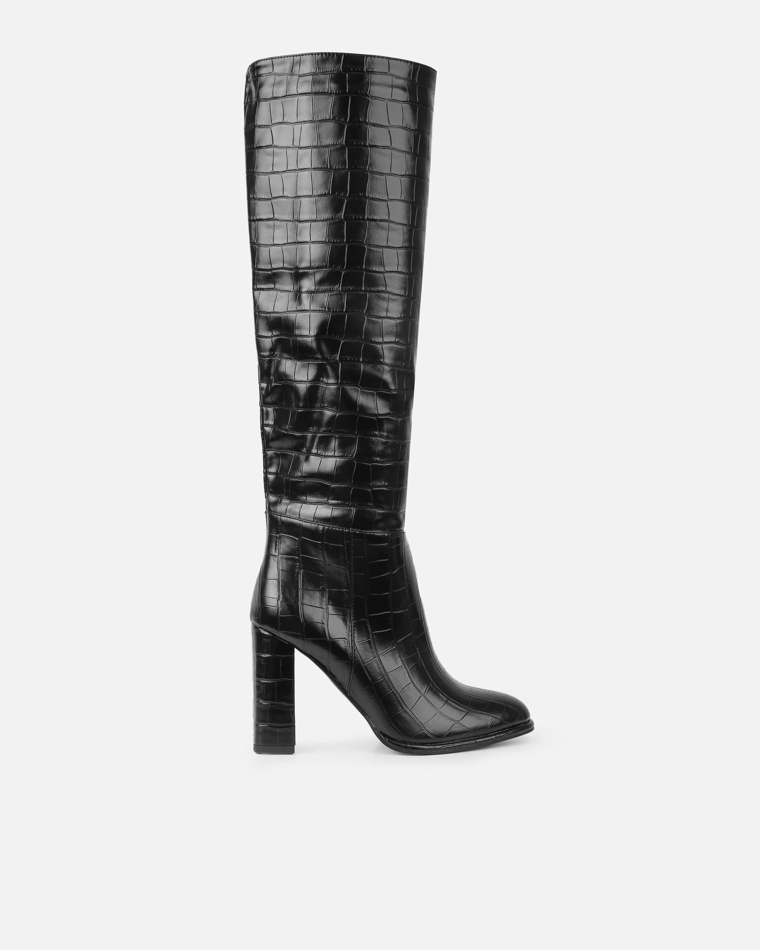 Oakley Black Faux Croc Block Heel Knee High Boots - Image 2