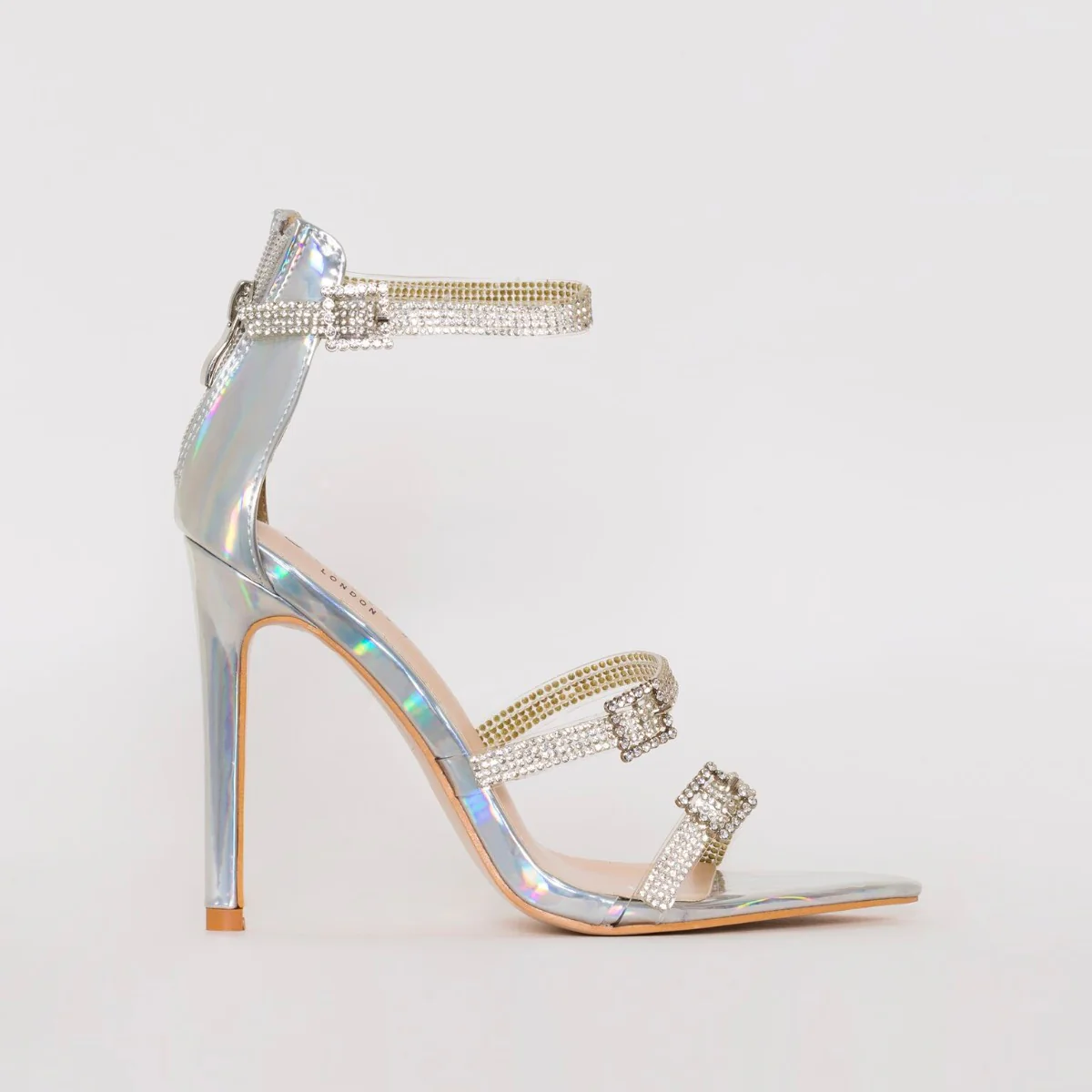 Ophelia Silver Iridescent Diamante Buckle Strappy Heels