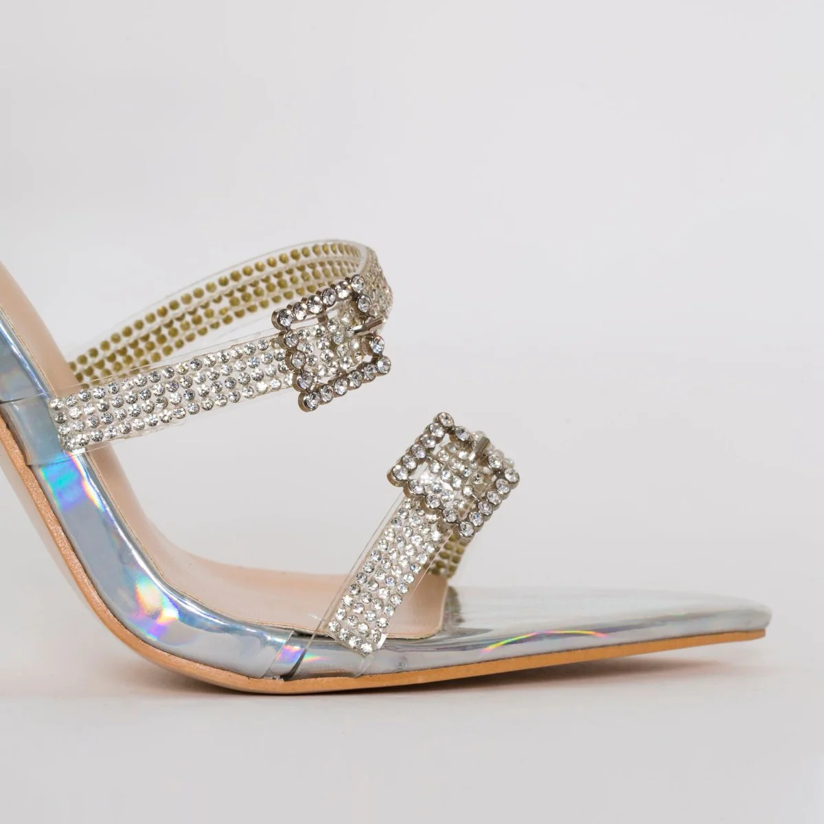 Ophelia Silver Iridescent Diamante Buckle Strappy Heels - Image 5