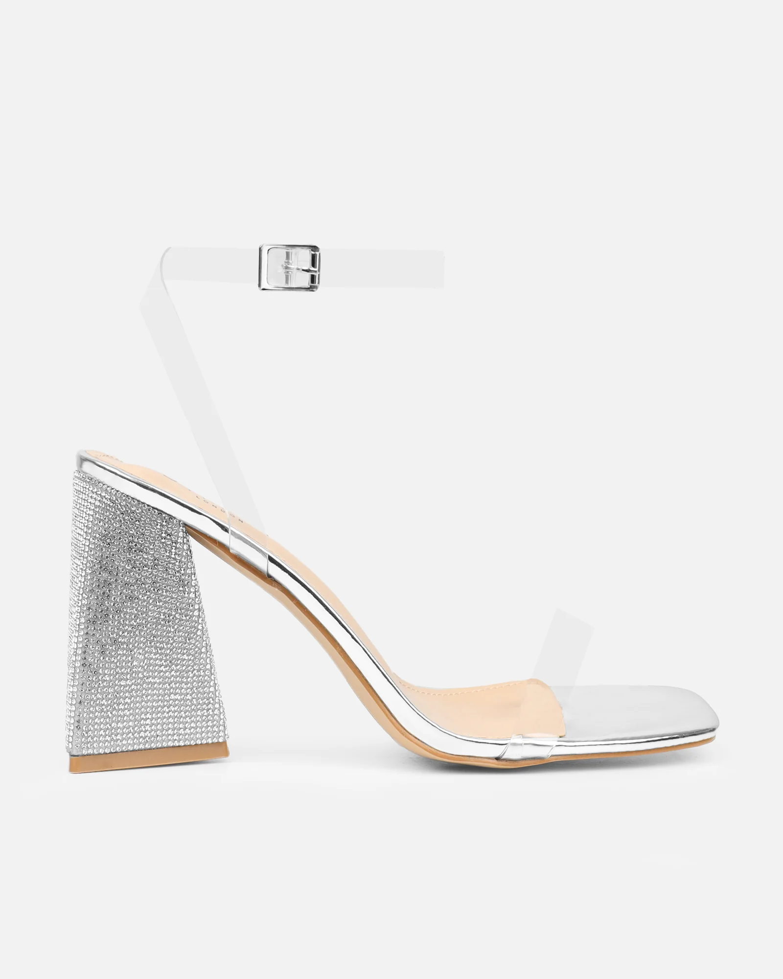 Perri Clear Silver Mirror Diamante Block Heeled Sandals - Image 2